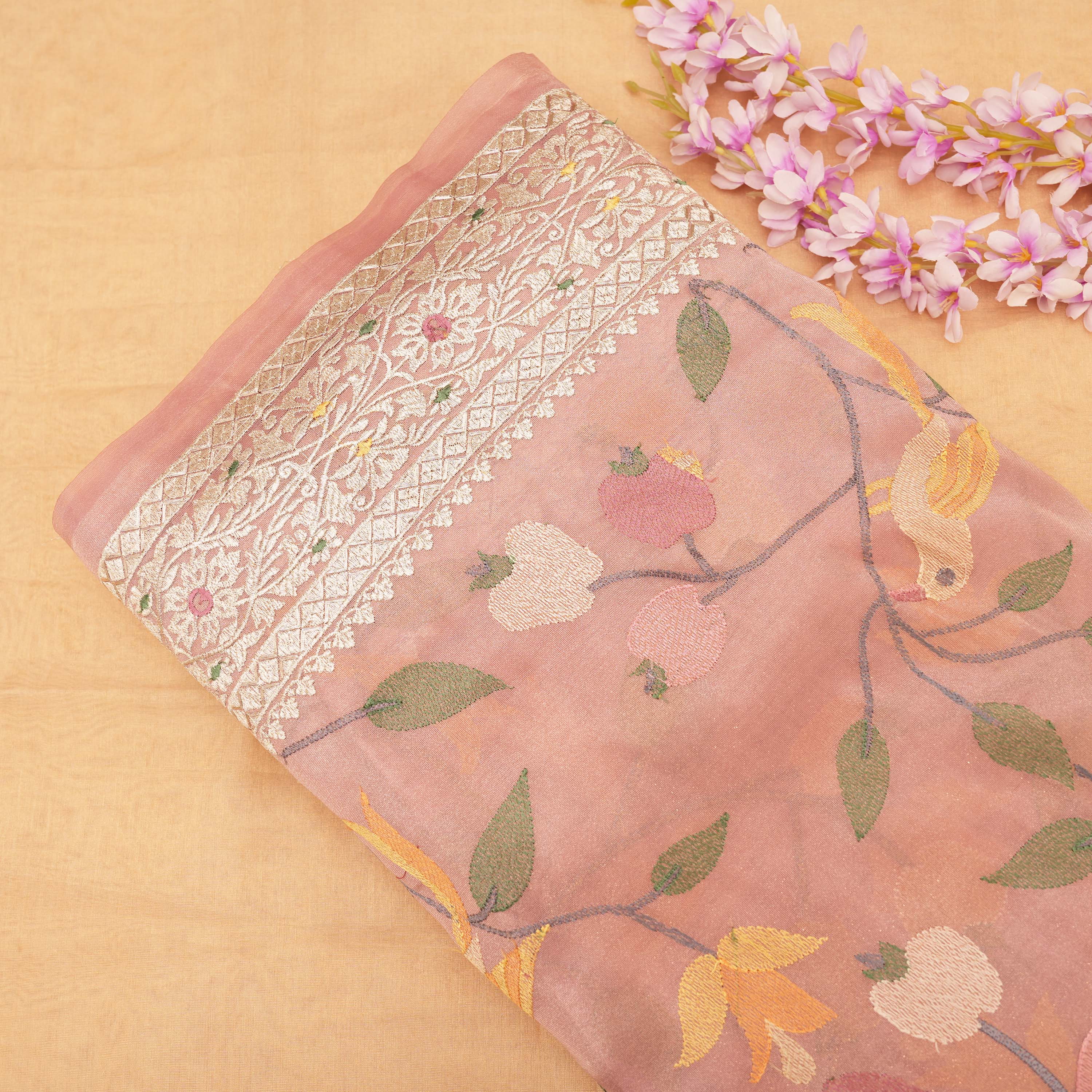 Brownish Pink Floral Embroidered Tissue Fabric