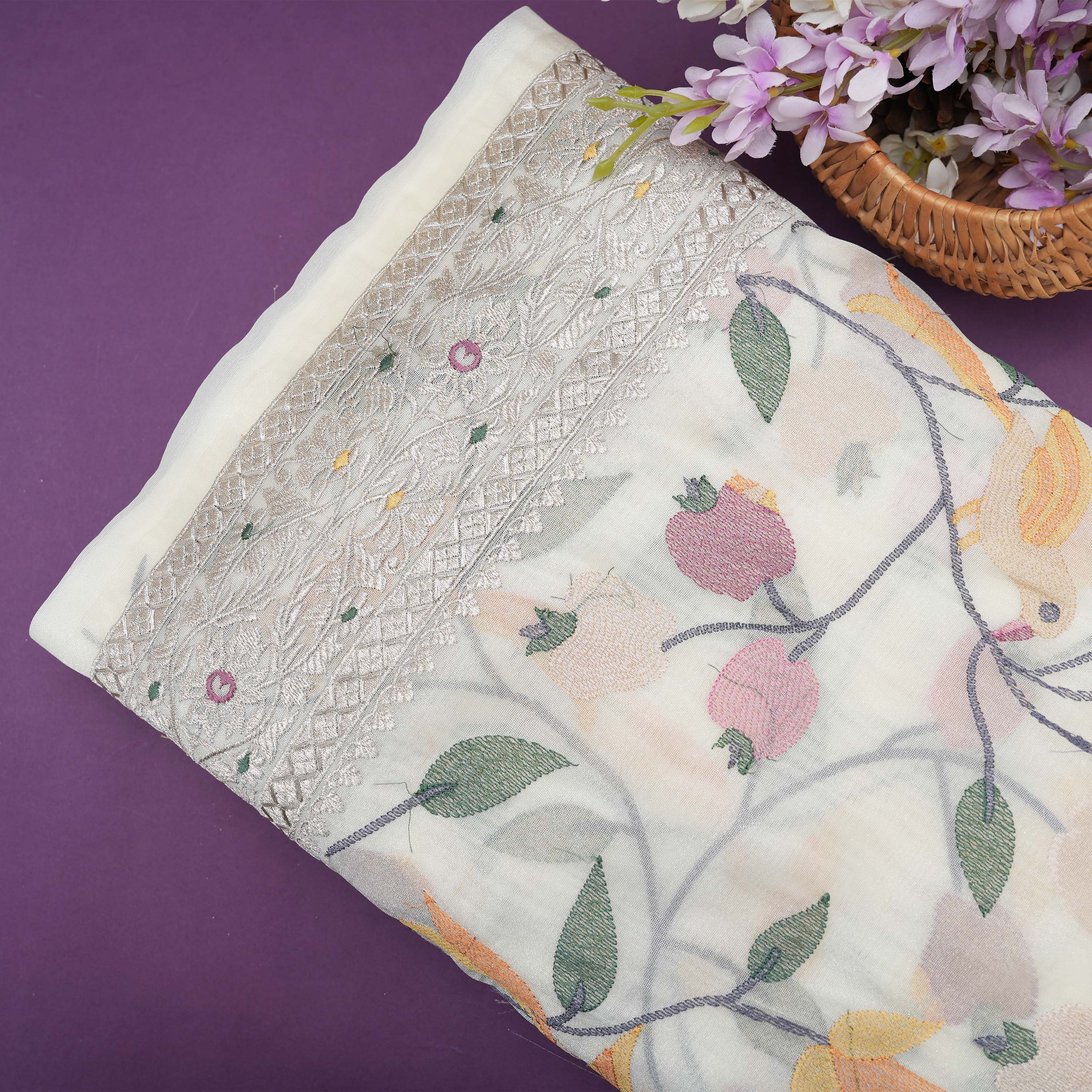 Silver White Floral Embroidered Tissue Fabric
