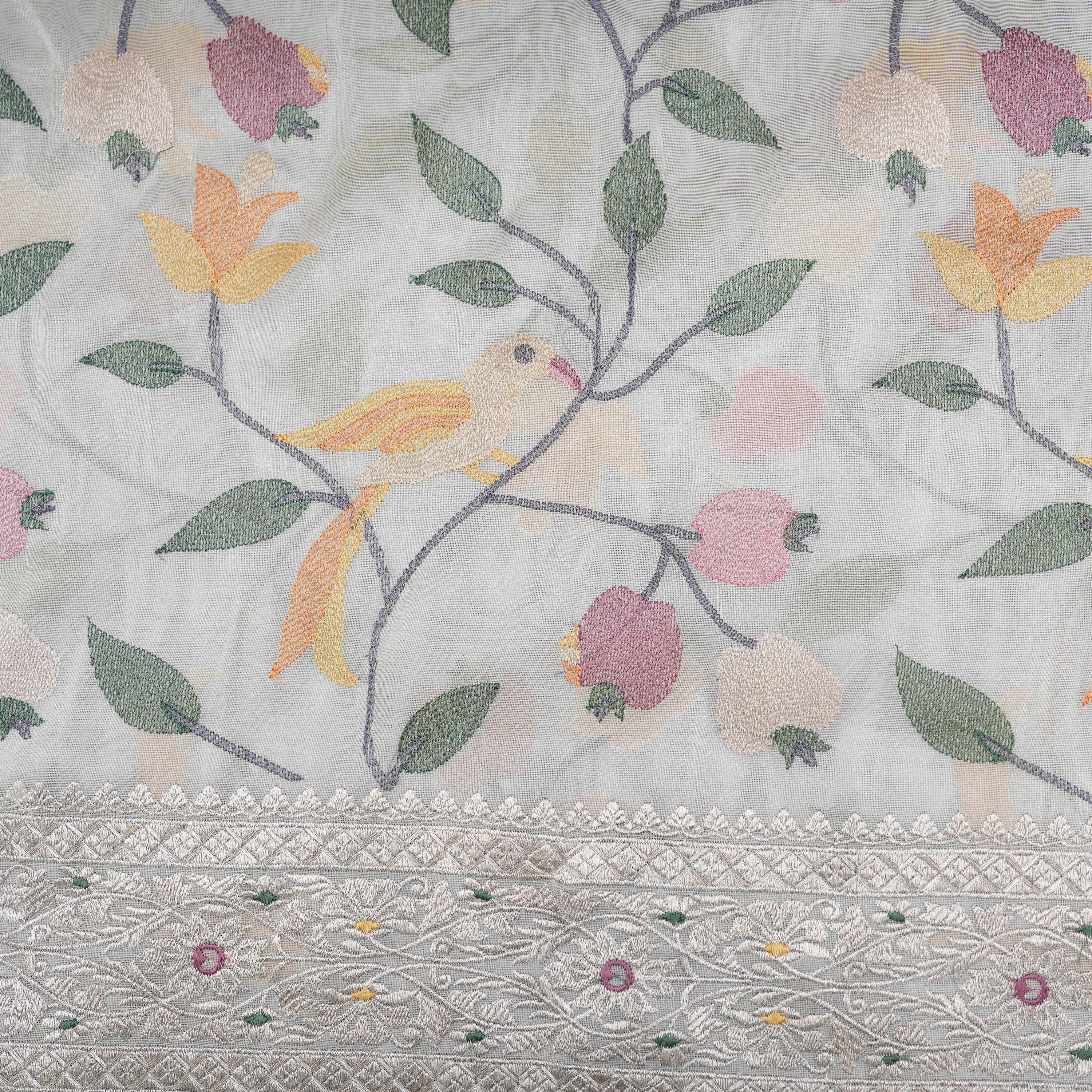 Silver White Floral Embroidered Tissue Fabric