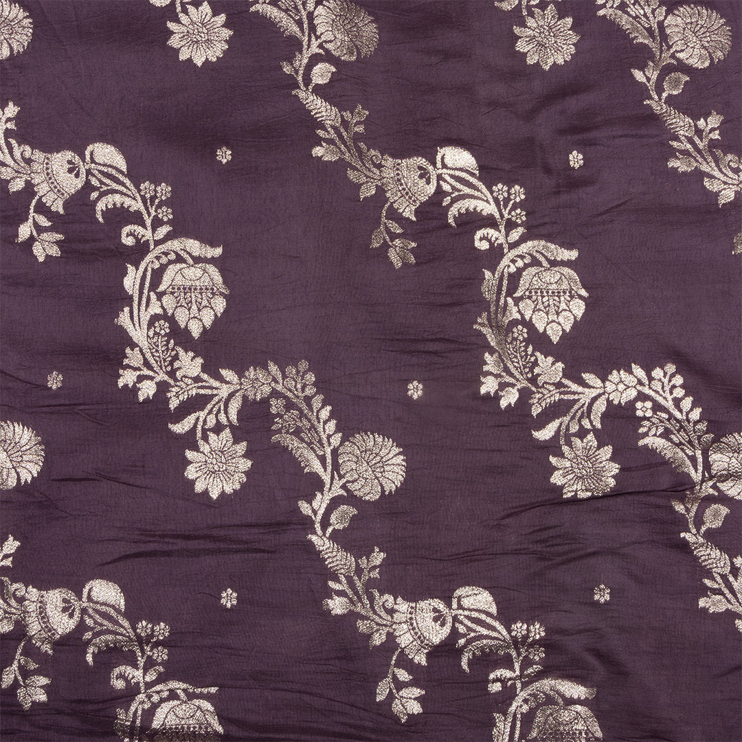 Berry Purple Floral Jamawar Silk Fabric