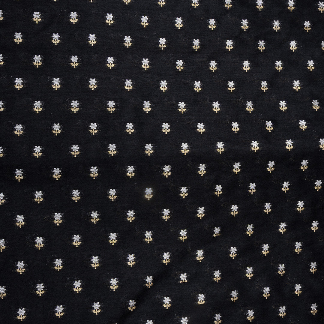 Black Dual Zari Floral Jamawar Silk Fabric
