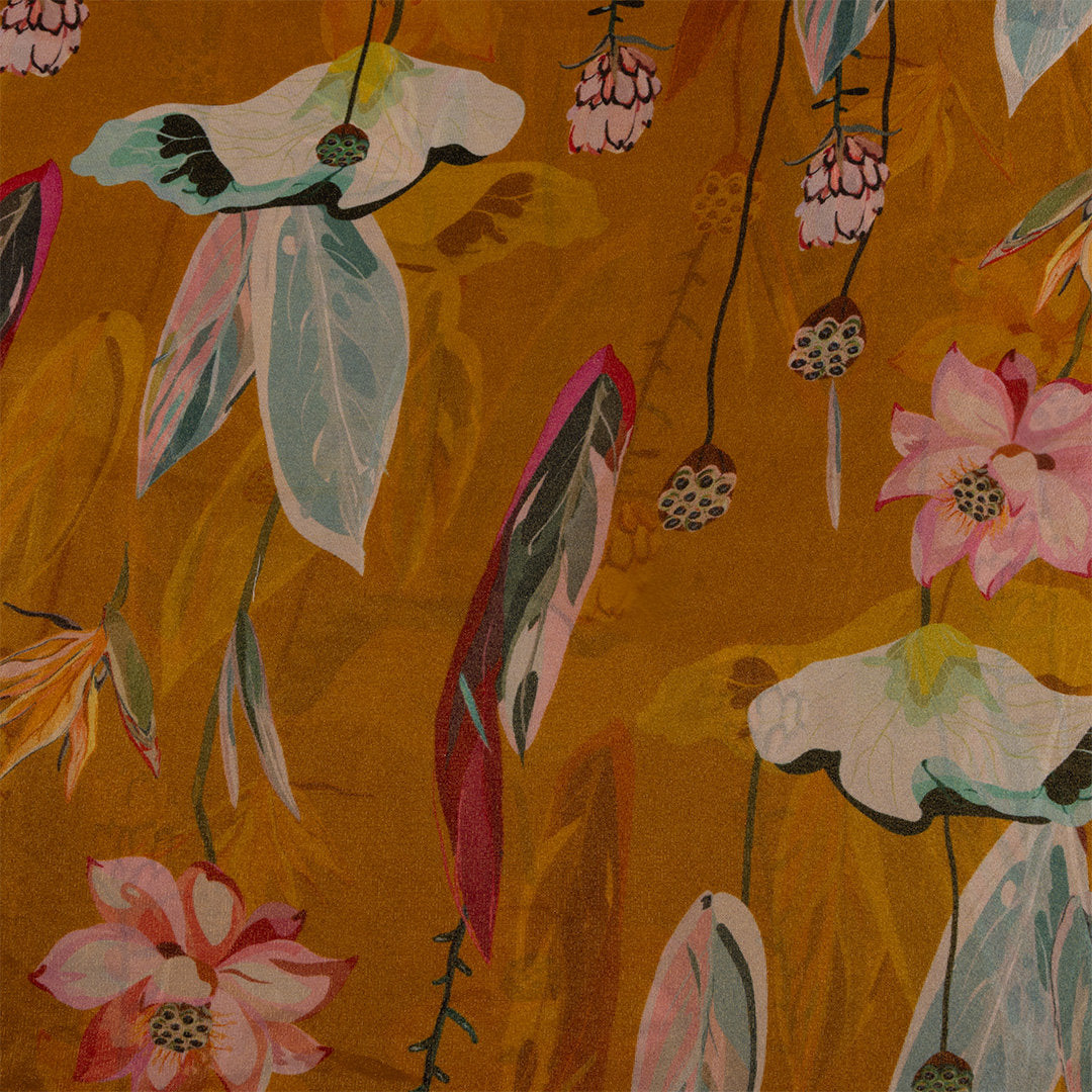 Golden Yellow Digital Printed Floral Tissue Fabric