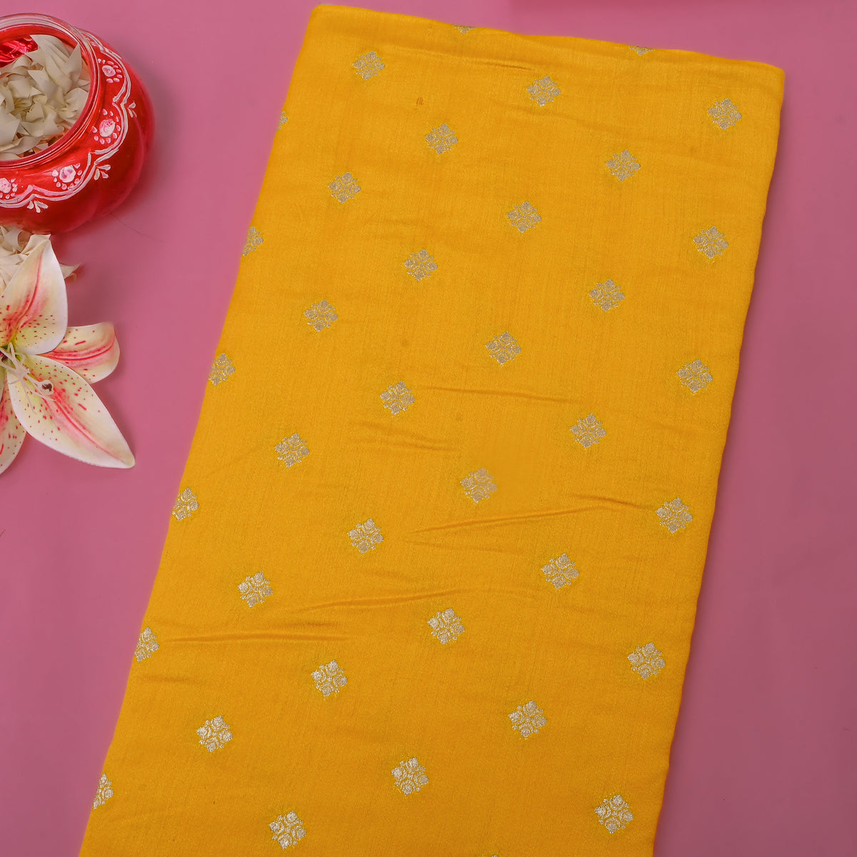 Corn Gold Zari Butti Self Weave Jamawar Silk Fabric