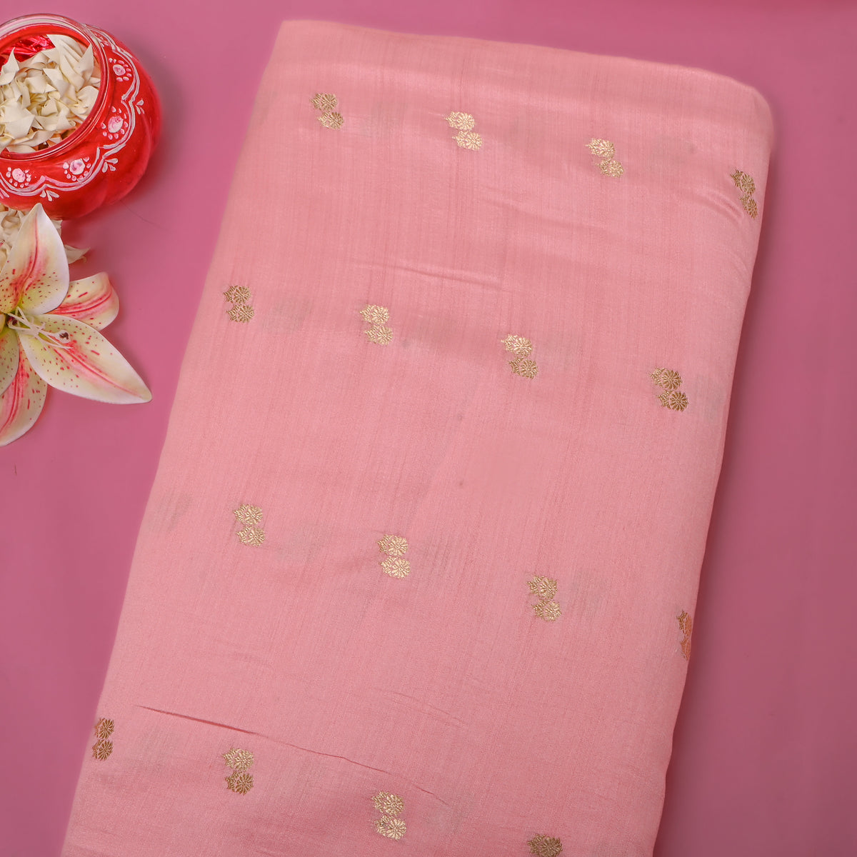 Blush Rose Gold Zari Floral Butti Jamawar Silk Fabric