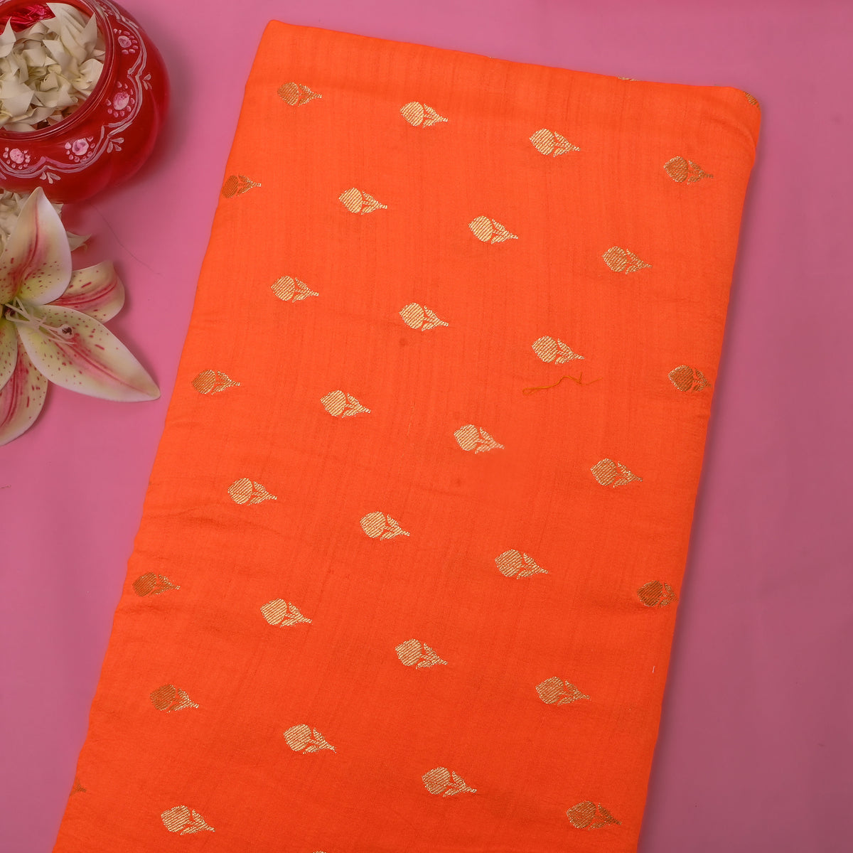 Persimmon Gold Zari Bud Butti Self Weave Jamawar Silk Fabric