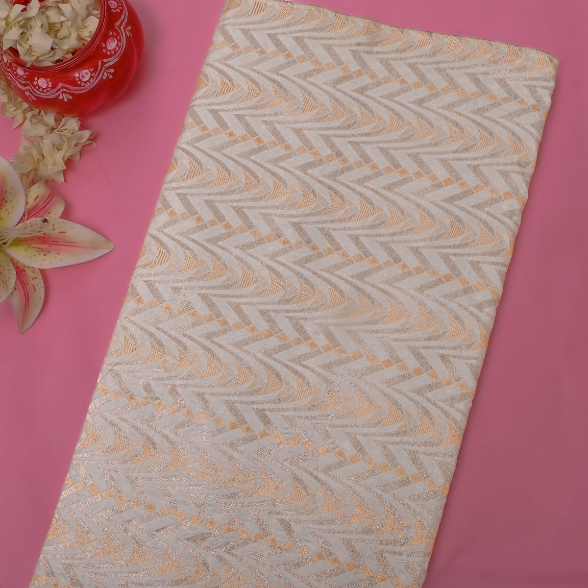 Pearl White Gold Zari Geometric Arch Jamawar Silk Fabric