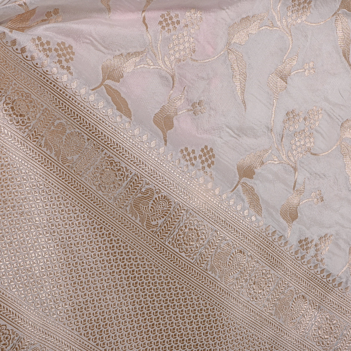 Talc Gold Zari Floral Jaal Broad Border Self Weave Jamawar Silk Fabric