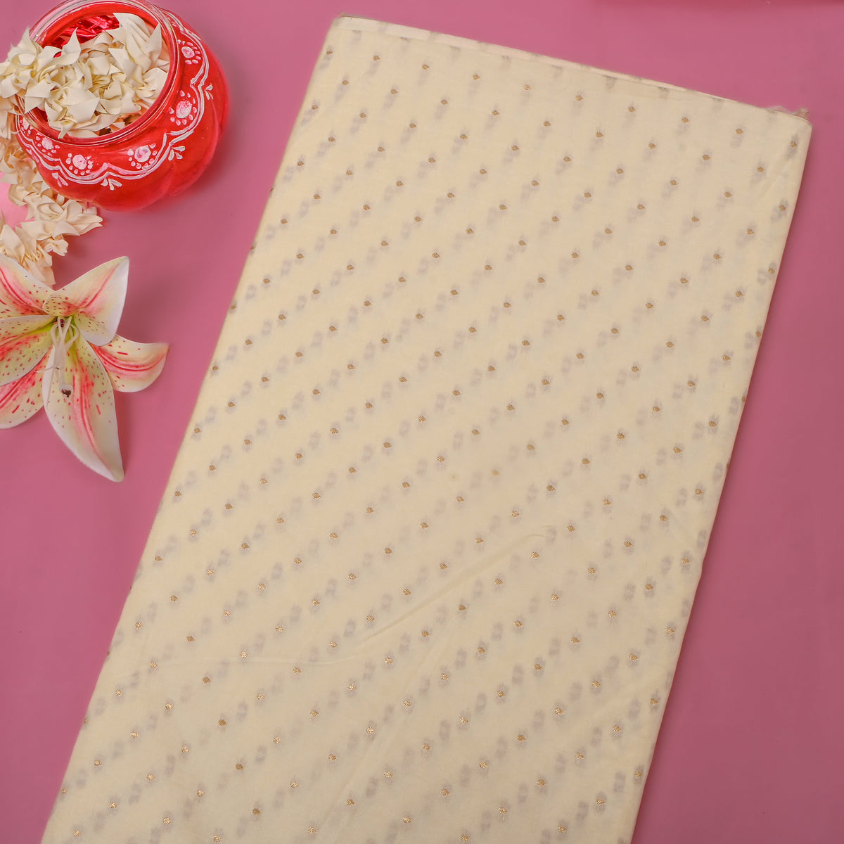 Cream Gold Zari Butti Self Weave Jamawar Tussar Fabric