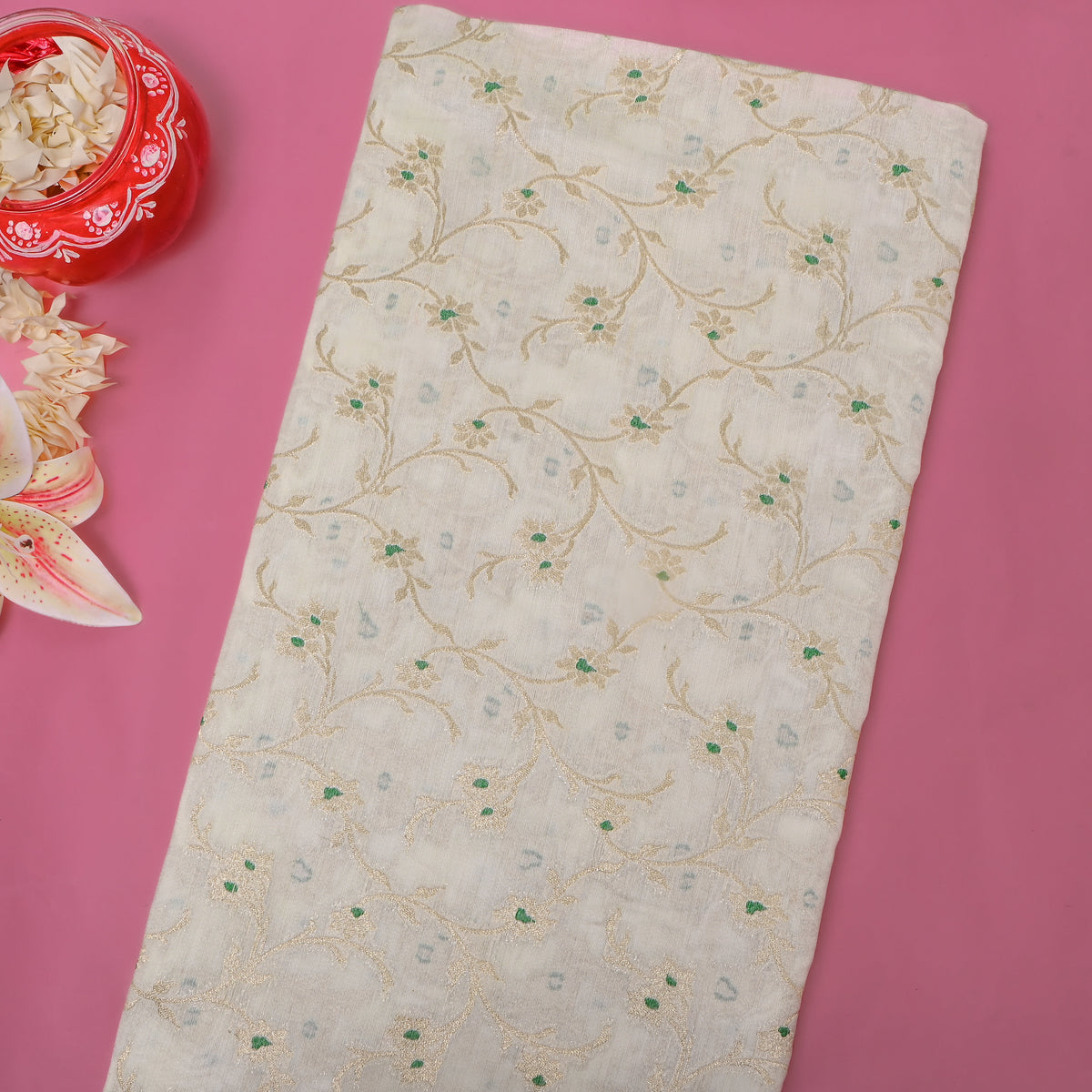 Buttermilk White Gold Zari Floral Jaal Jamawar Silk Fabric