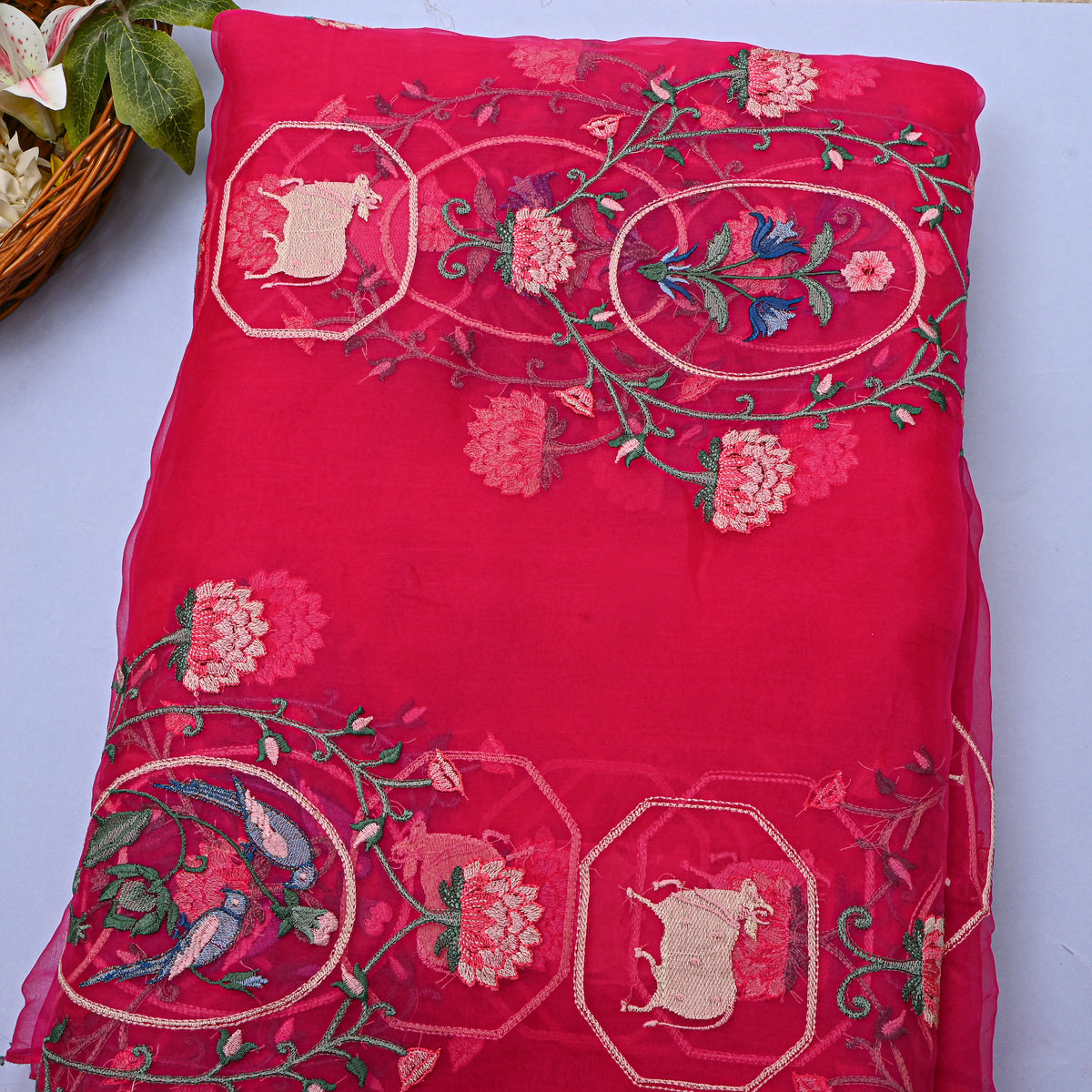 Bright Red Organza With Shikargah Thread Work