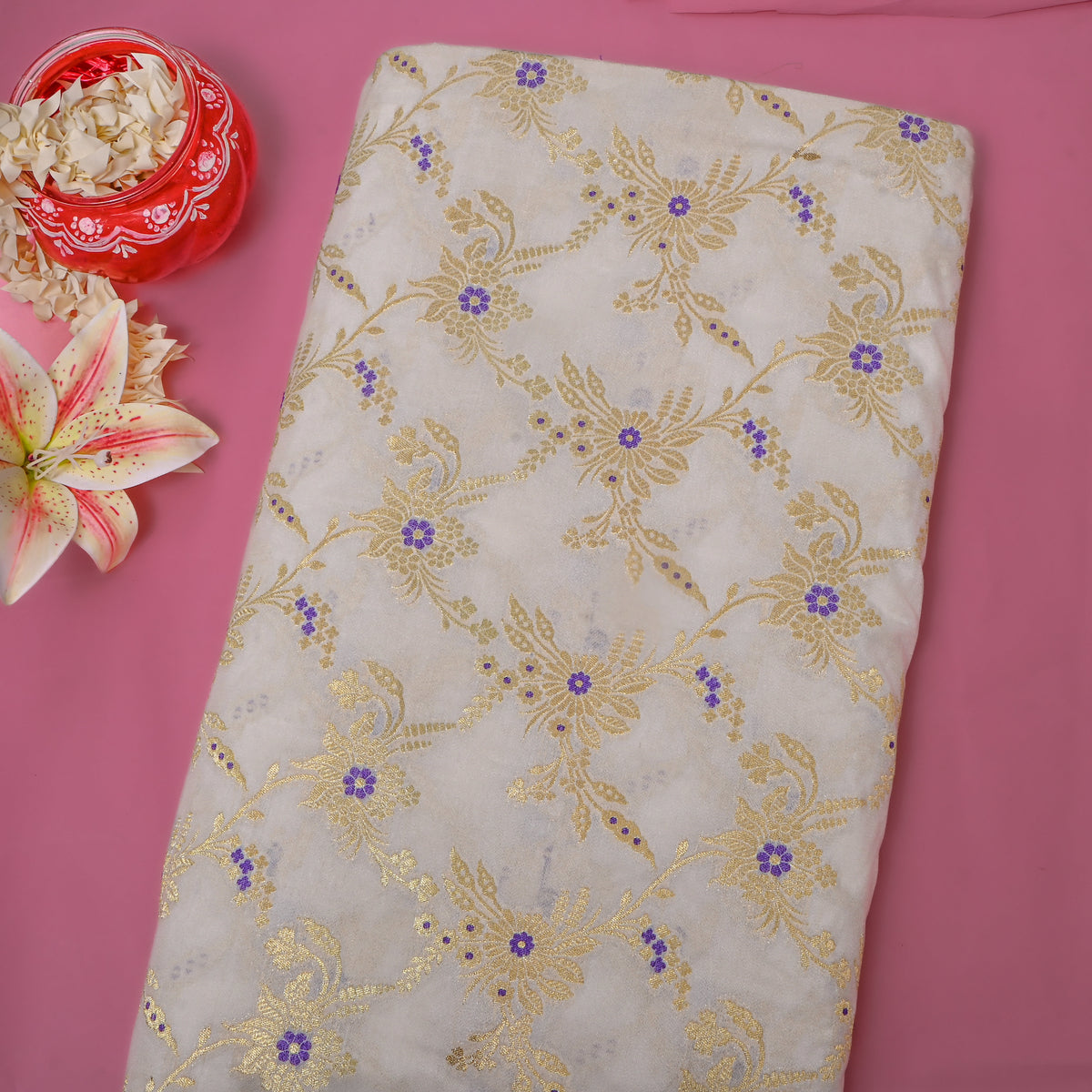Pearl White Gold Zari Floral Jamawar Organza Fabric