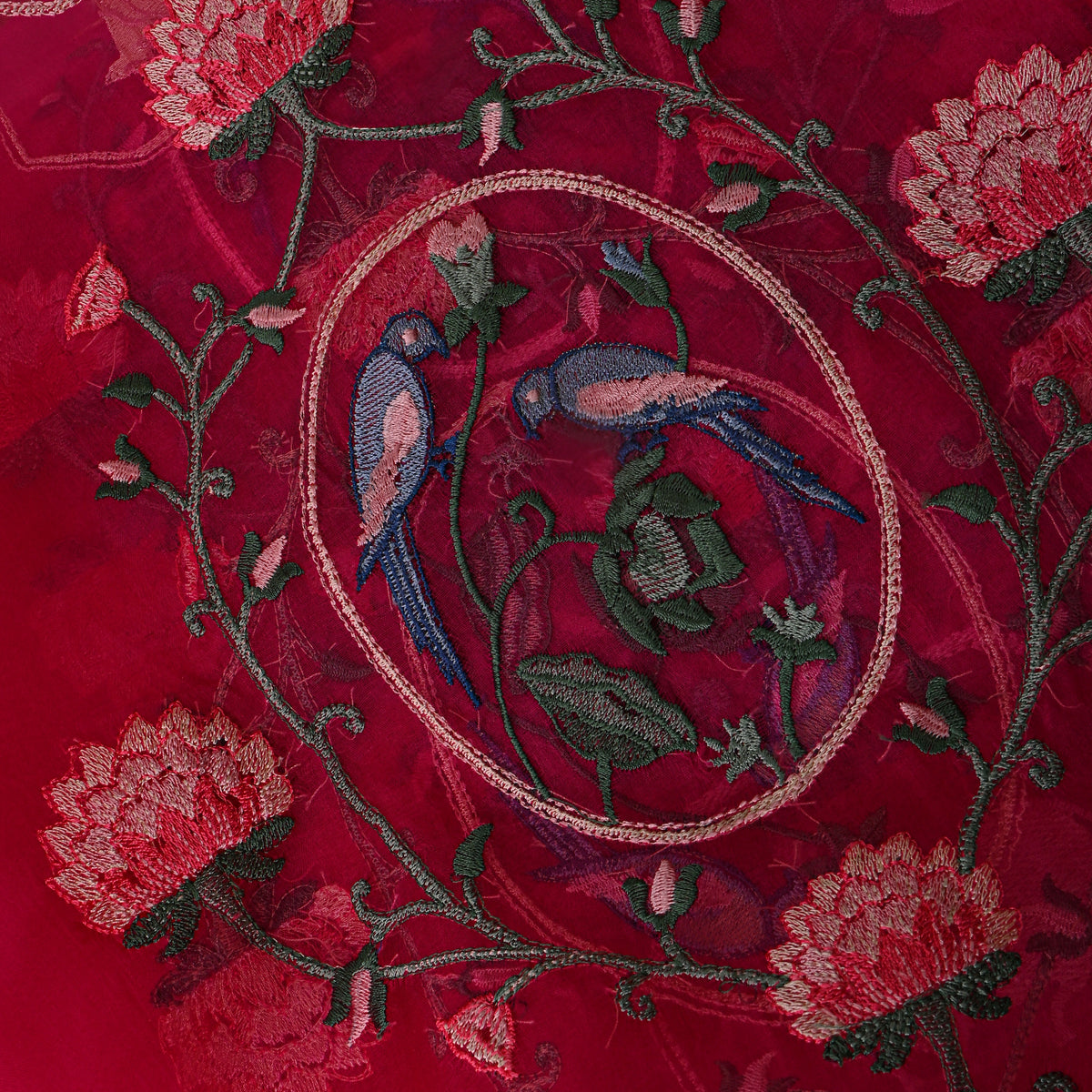 Bright Red Organza With Shikargah Thread Work