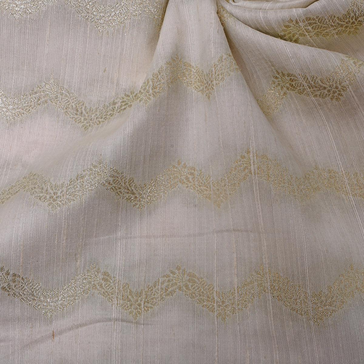 Cloud White Gold Zari Zigzag Jamawar Silk Fabric