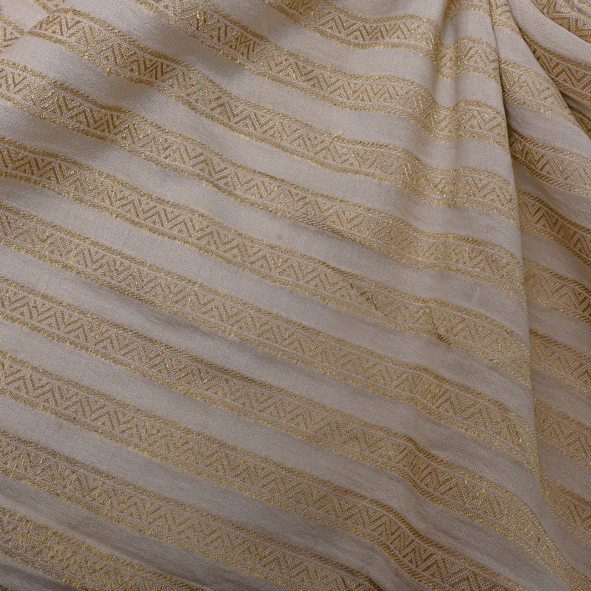 Pearl Cream Gold Zari Stripe Jamawar Silk Fabric