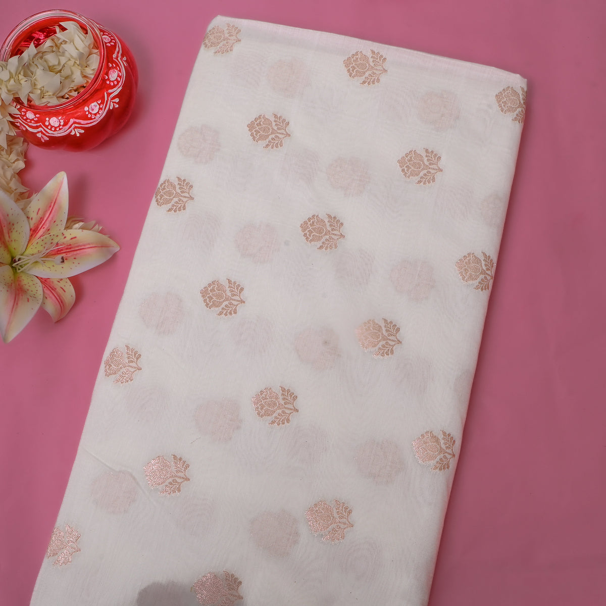Ivory White Gold Zari Rose Butti Jamawar Silk Fabric