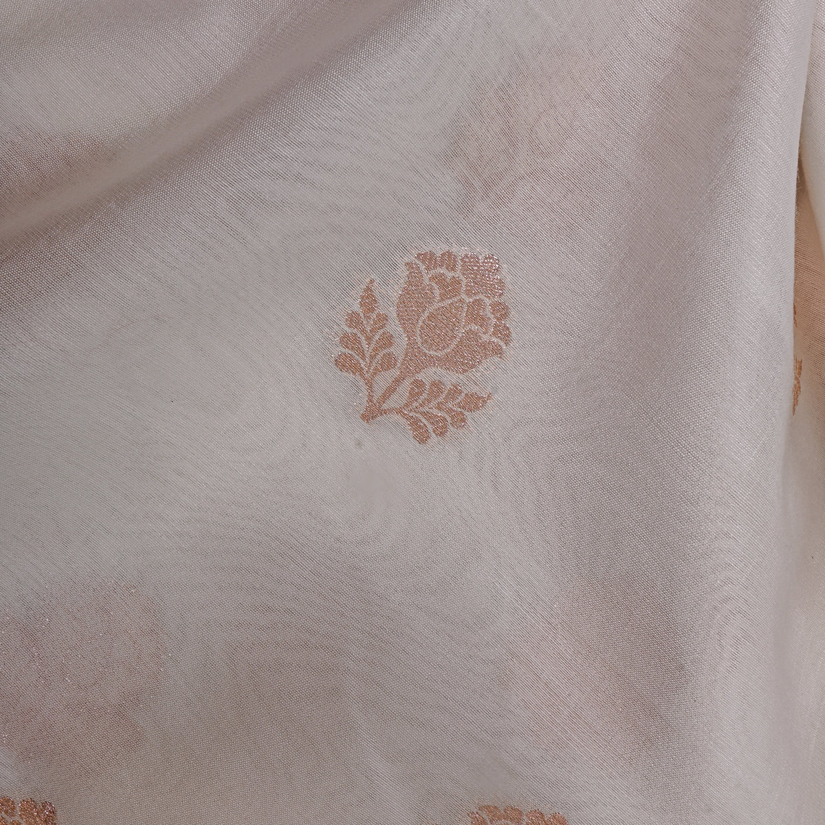 Ivory White Gold Zari Rose Butti Jamawar Silk Fabric