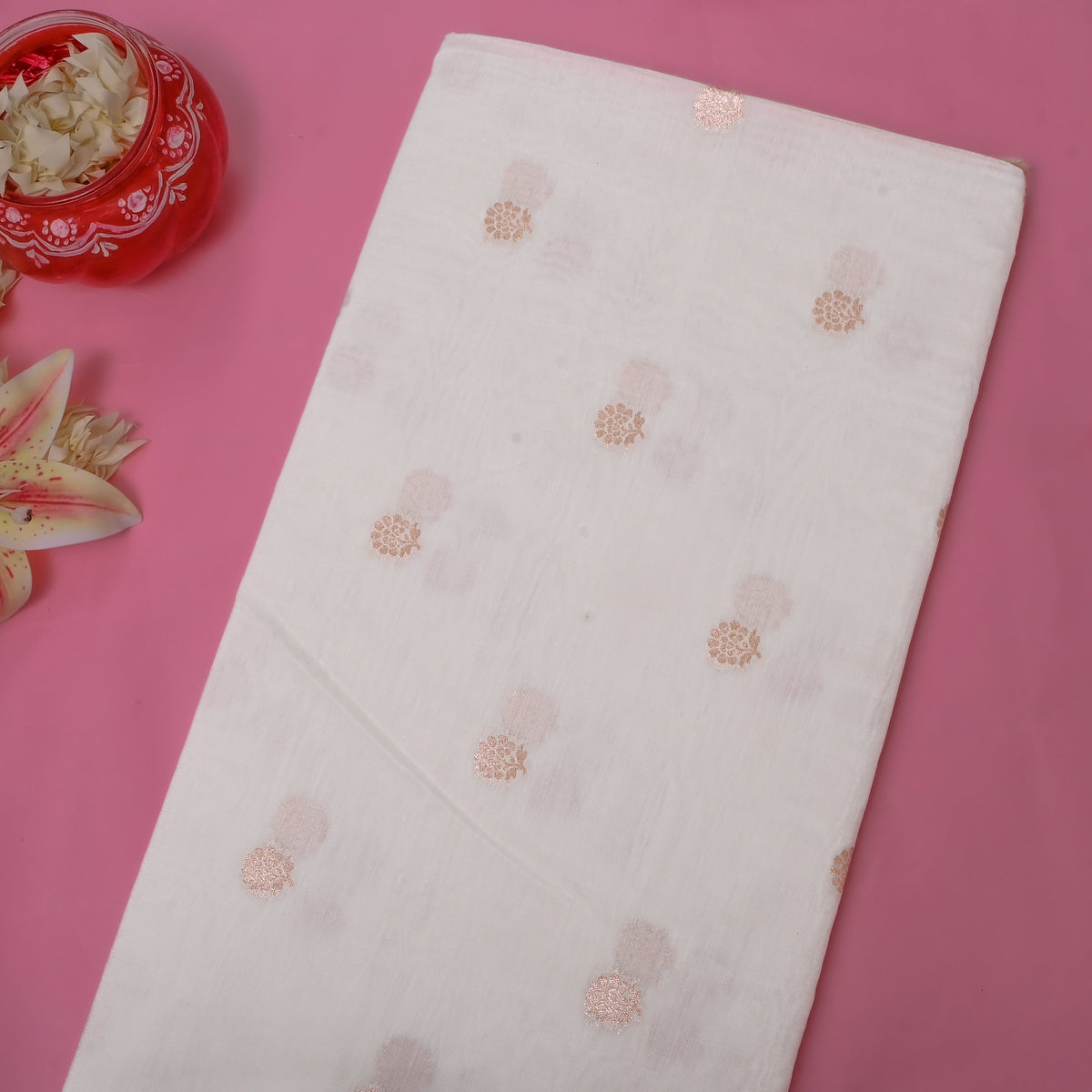 Petal White Gold Zari Floral Butti Jamawar Silk Fabric