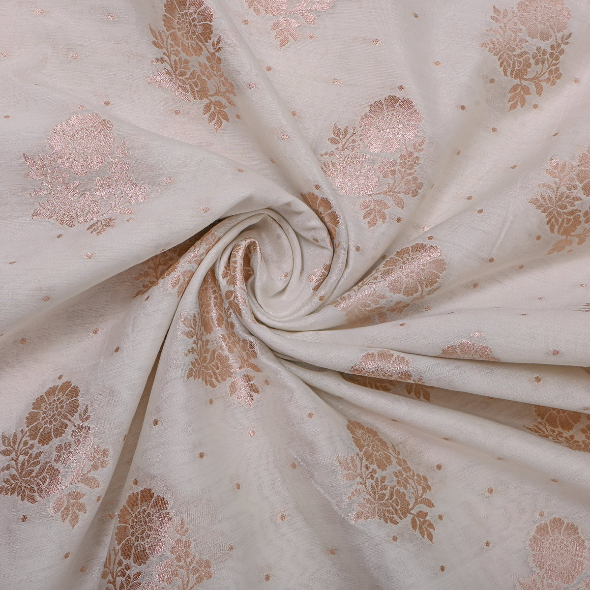 Milk White Gold Zari Floral Butti Jamawar Silk Fabric