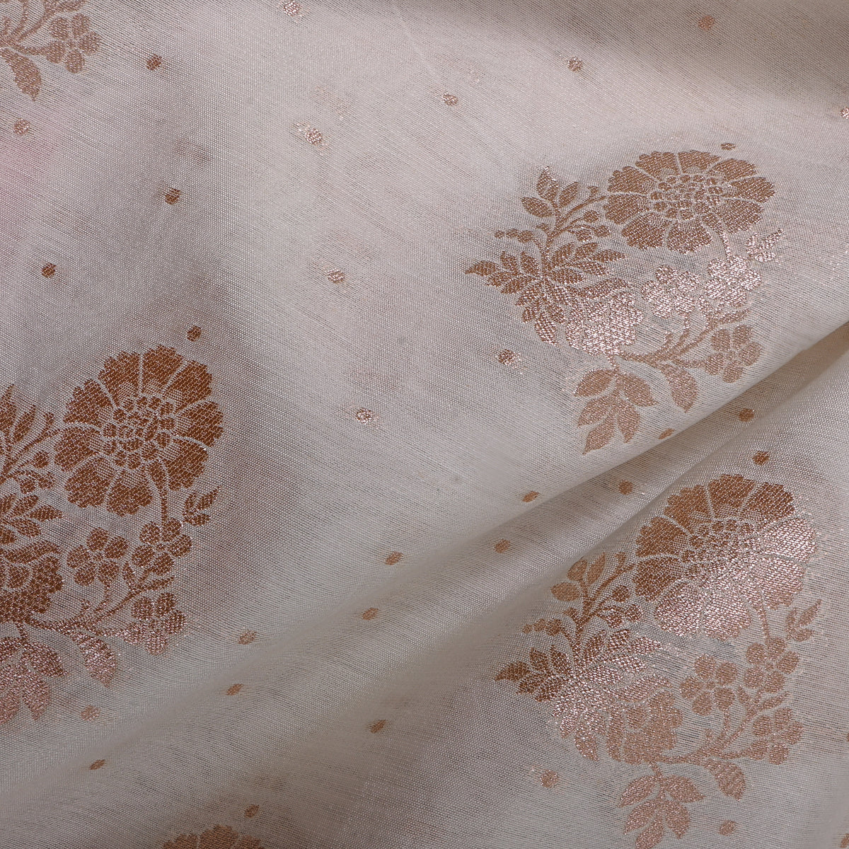 Milk White Gold Zari Floral Butti Jamawar Silk Fabric