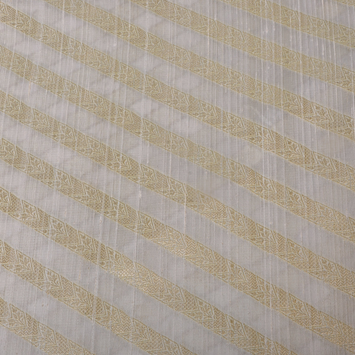 Pearl Cream Gold Zari Diagonal Stripe Jamawar Silk Fabric