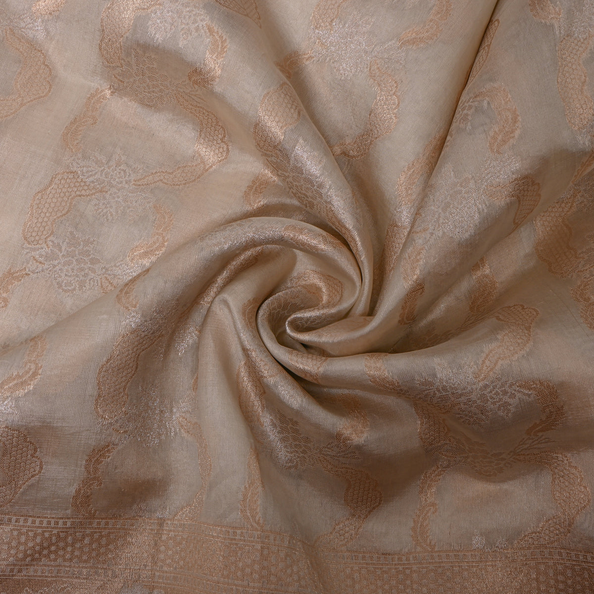 Shell White Gold Zari Scroll Brocade Jamawar Silk Fabric