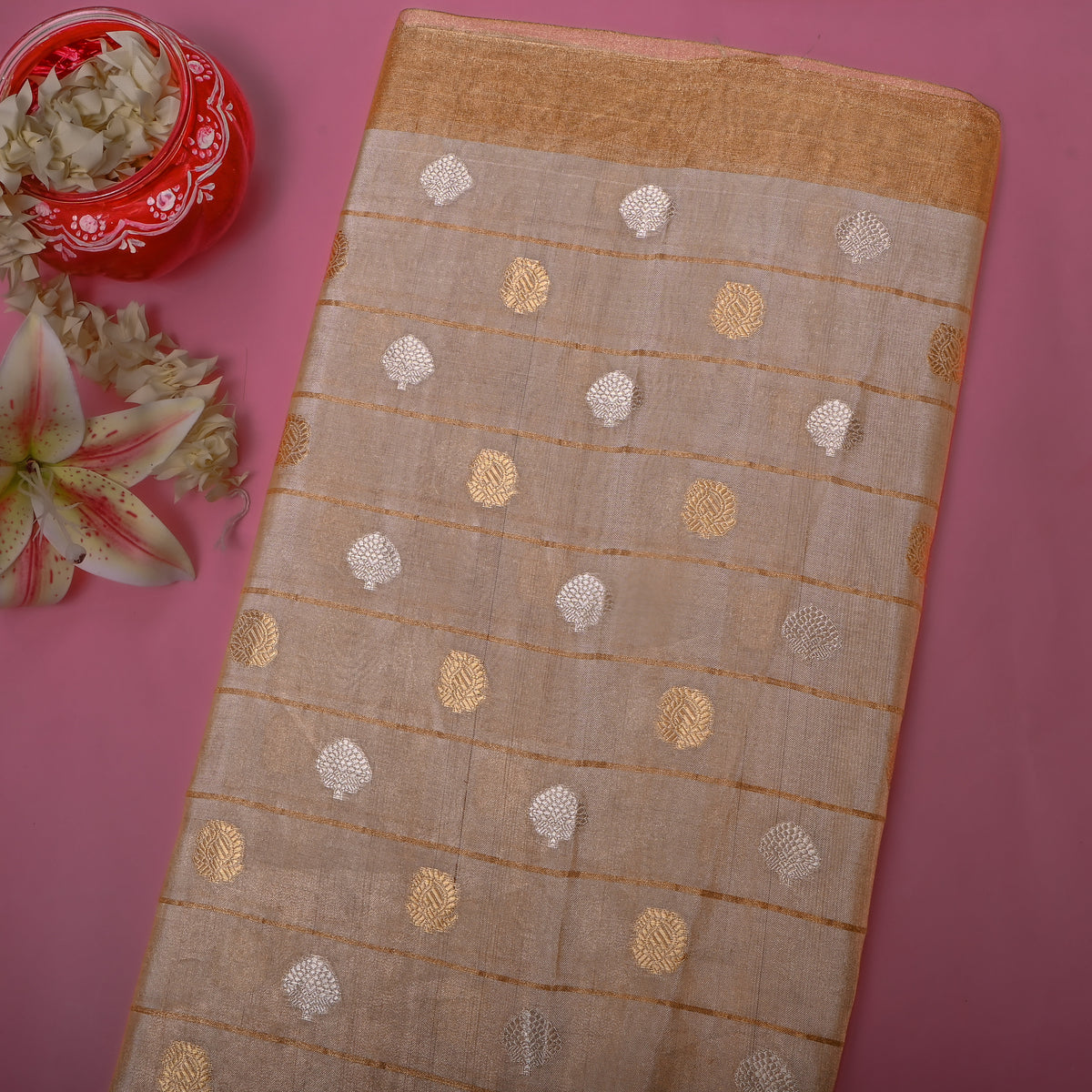 Antique Gold Dual Tone Zari Butti Jamawar Silk Fabric With Self Border