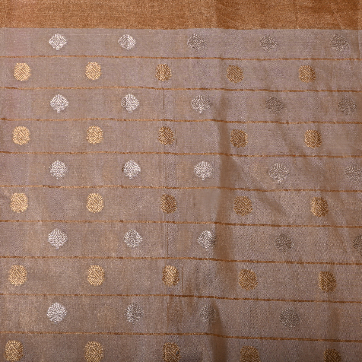 Antique Gold Dual Tone Zari Butti Jamawar Silk Fabric With Self Border