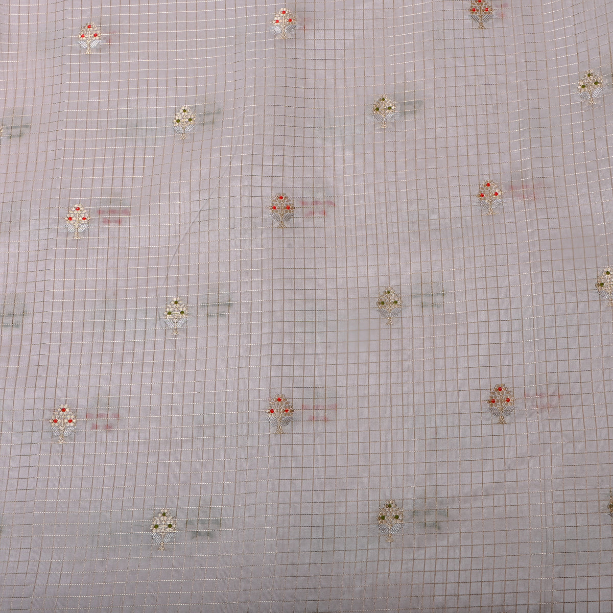 Chalk White Jamawar Silk With Gold Checks And Floral Butti
