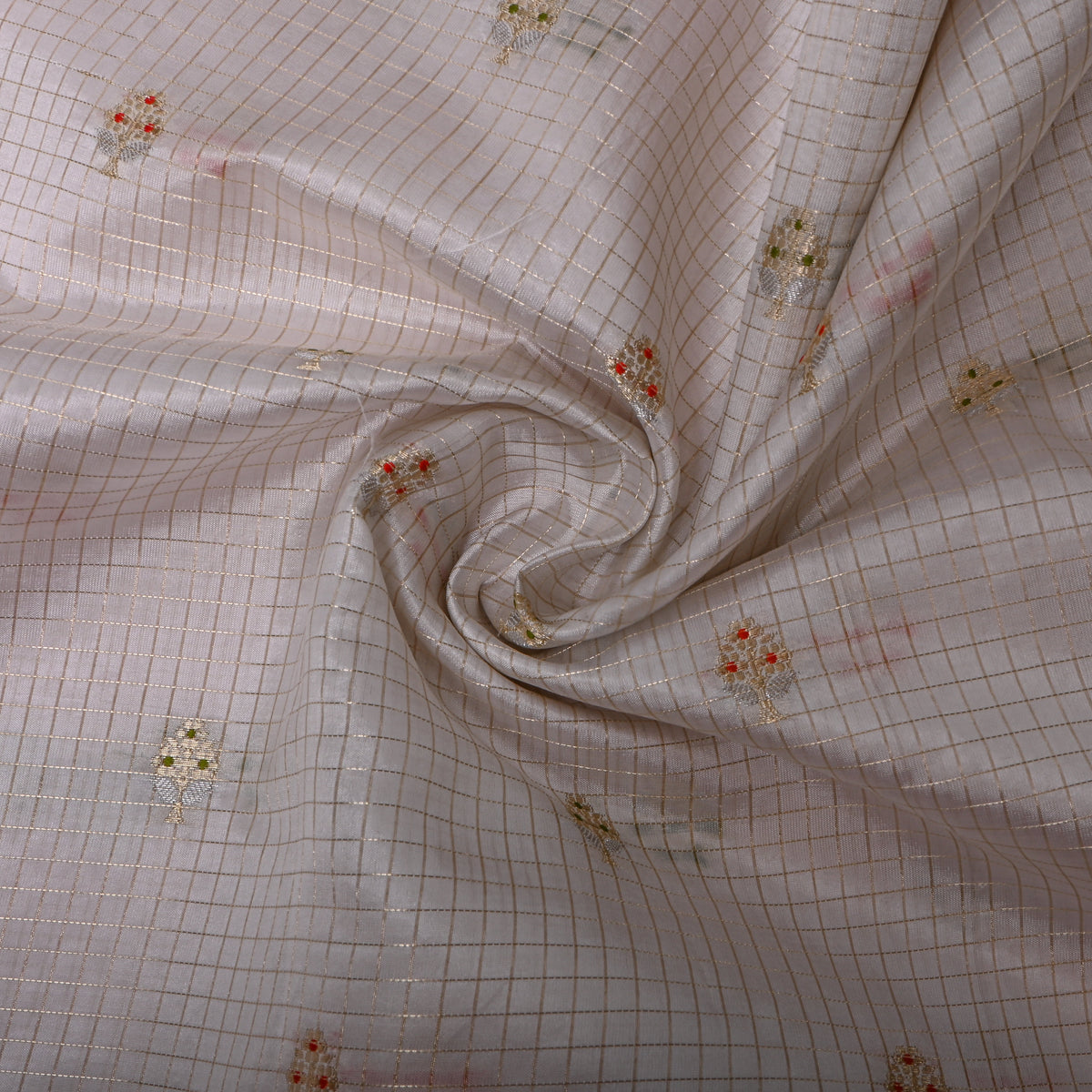 Chalk White Jamawar Silk With Gold Checks And Floral Butti