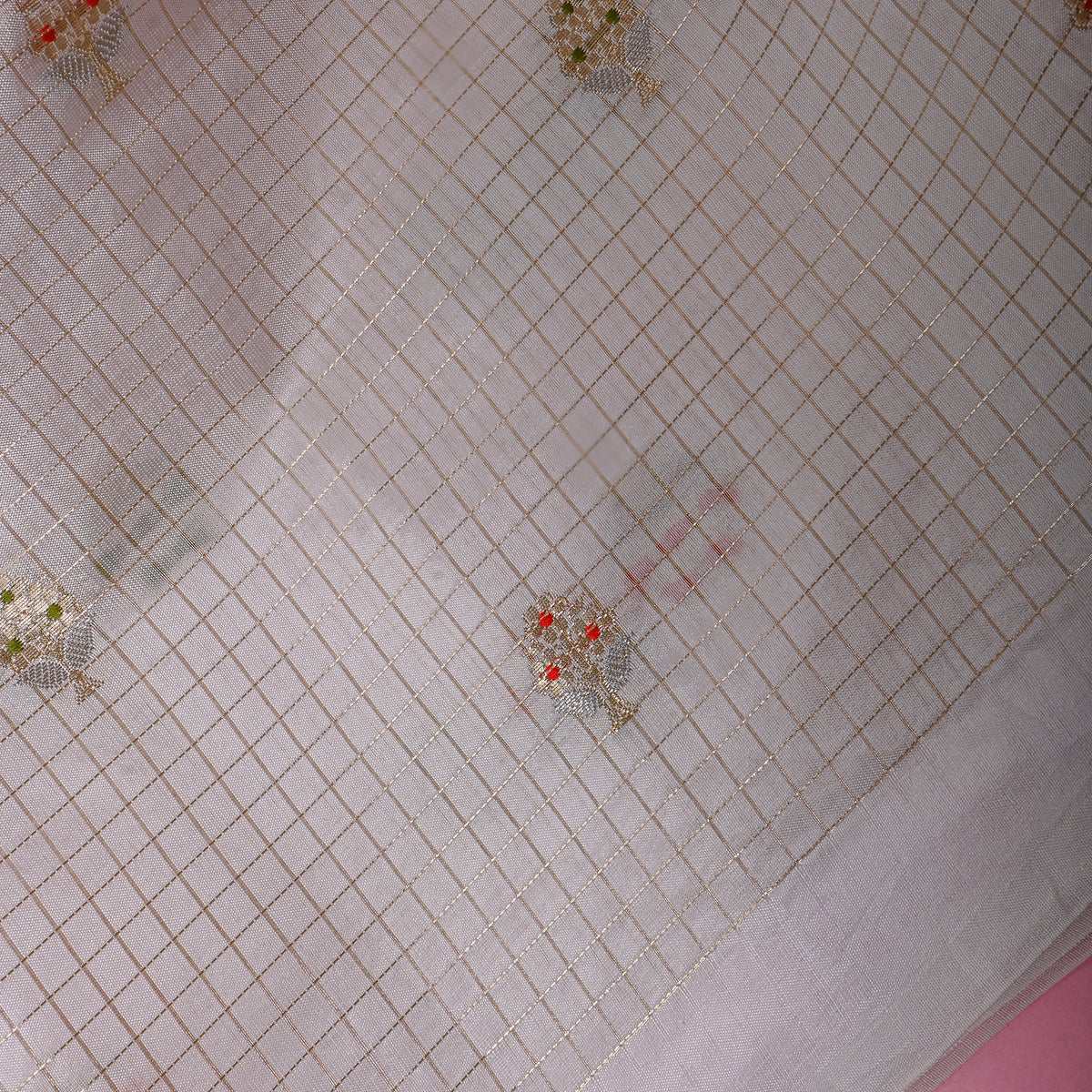 Chalk White Jamawar Silk With Gold Checks And Floral Butti