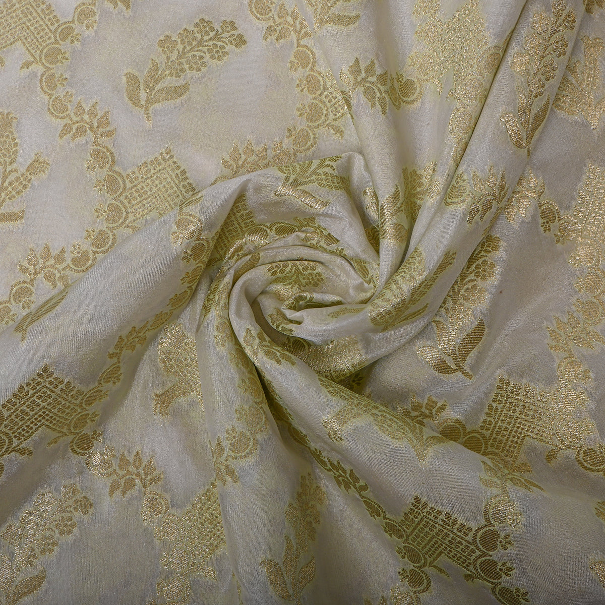 Oyster Gold Zari Floral Brocade Self Weave Jamawar Silk Fabric