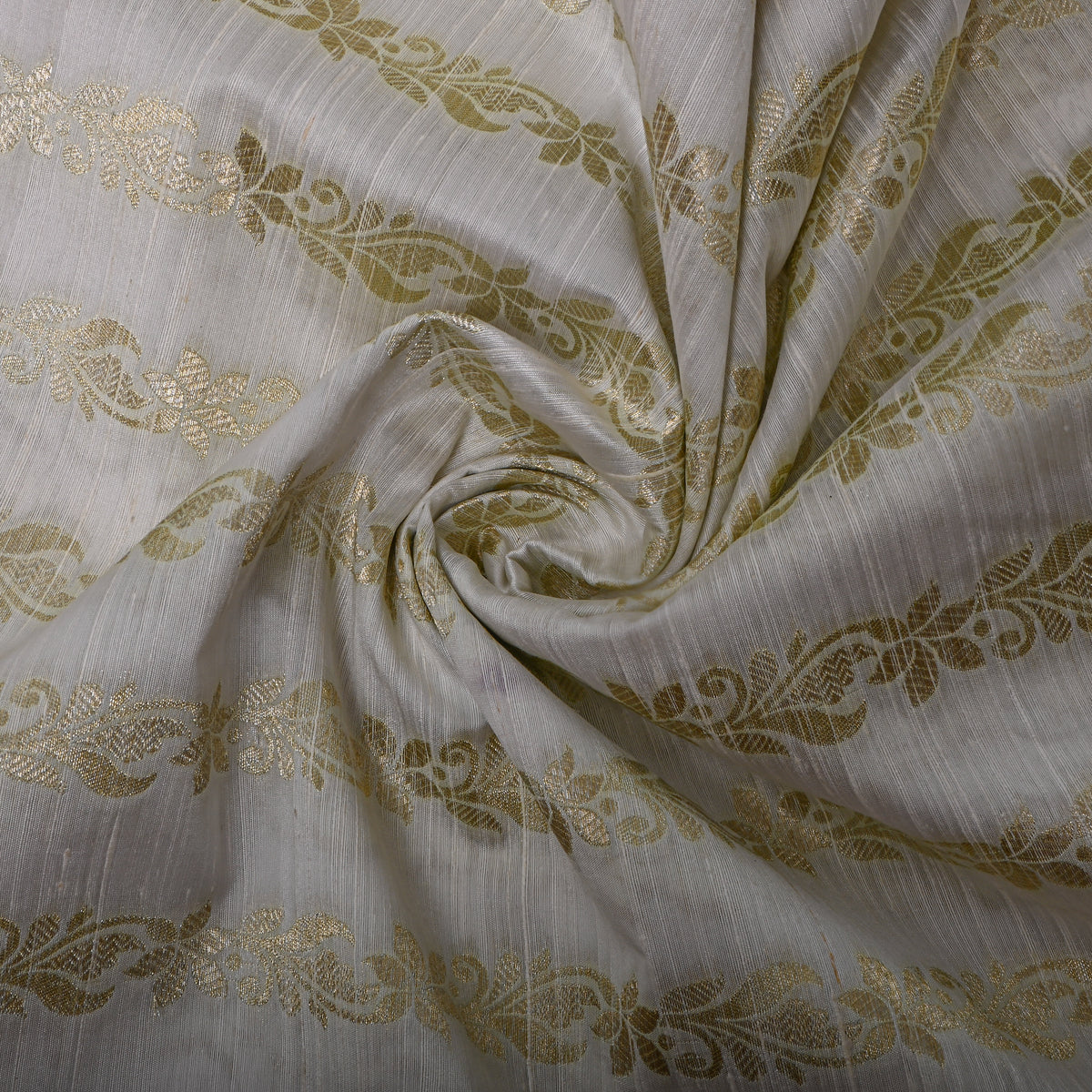 Linen White Gold Zari Vine Stripe Jamawar Silk Fabric