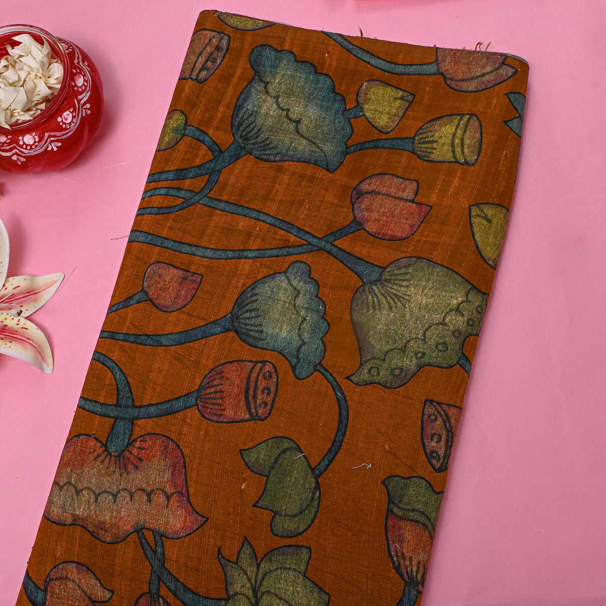 Amber Brown Lotus Kalamkari Print Raw Silk Fabric