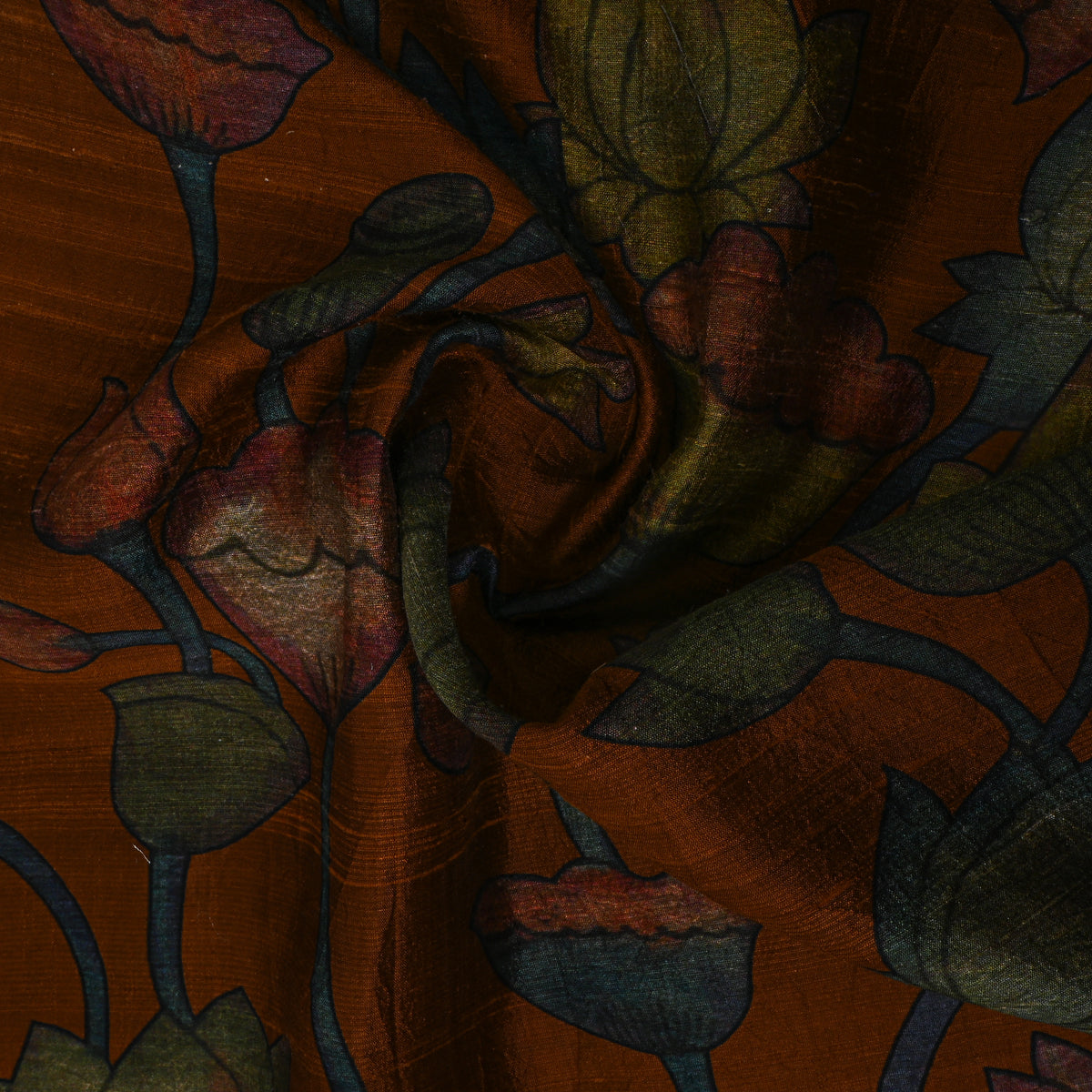Amber Brown Lotus Kalamkari Print Raw Silk Fabric