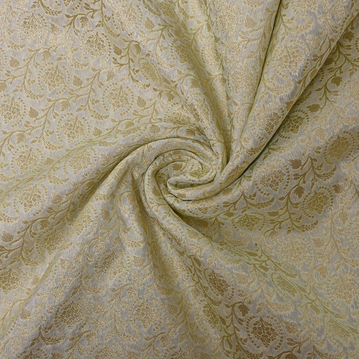 Pearl White Gold Zari Floral Vine Self Weave Jamawar Silk Fabric