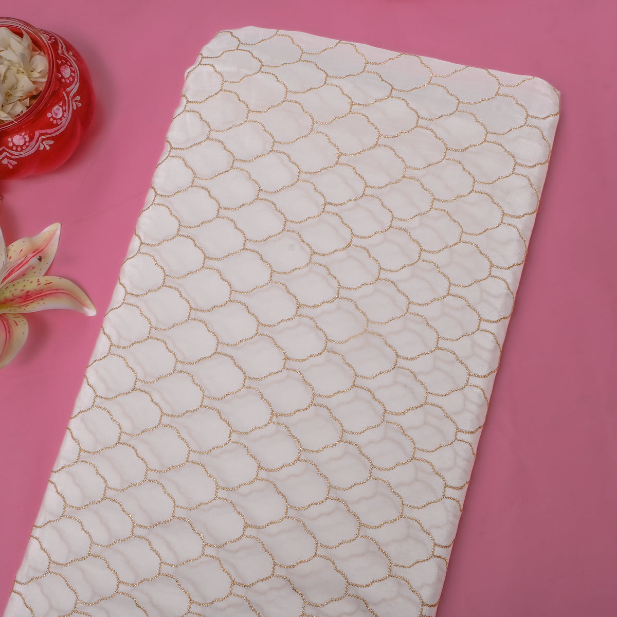 Moonstone White Gold Zari Scallop Embroidery Crepe Fabric