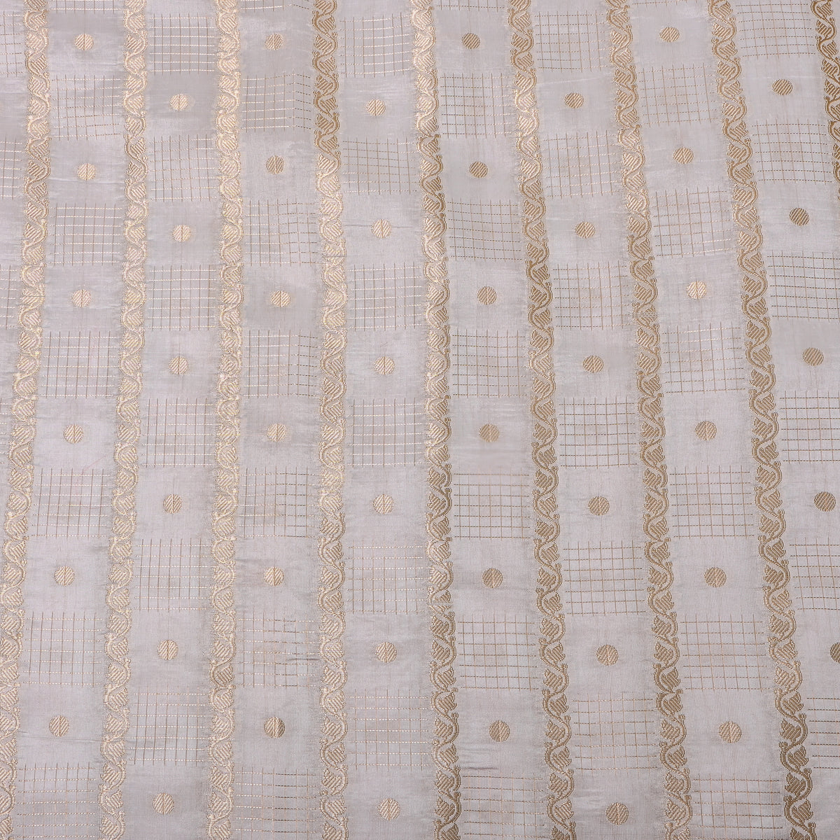 Silver White Jamawar Silk With Gold Checks, Dots And Vine Stripes