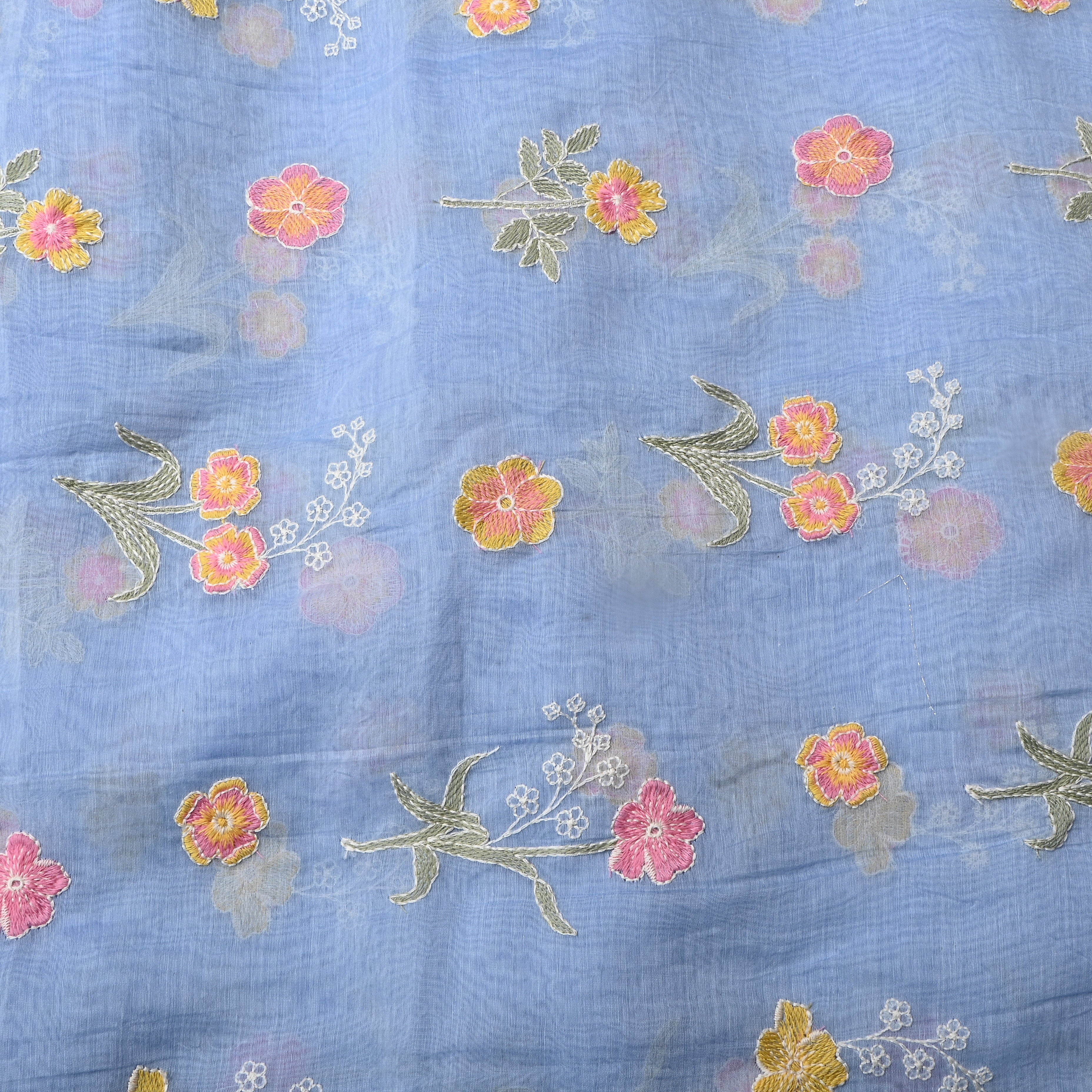 Light Sky Blue Floral Chanderi Fabric