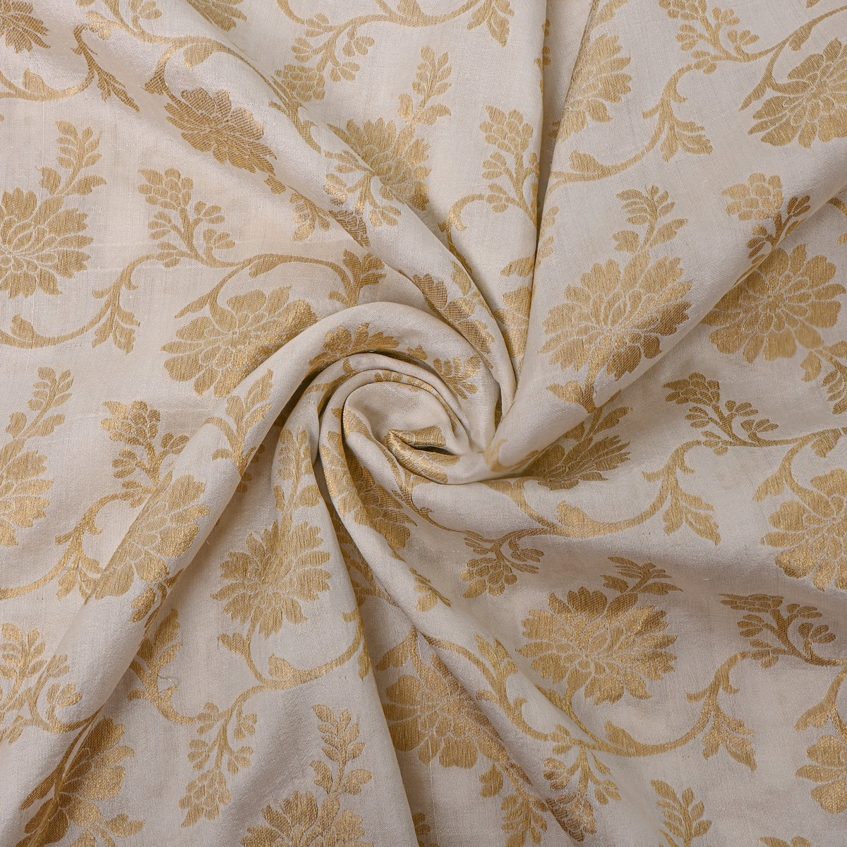 Milk White Gold Zari Floral Jaal Jamawar Silk Fabric