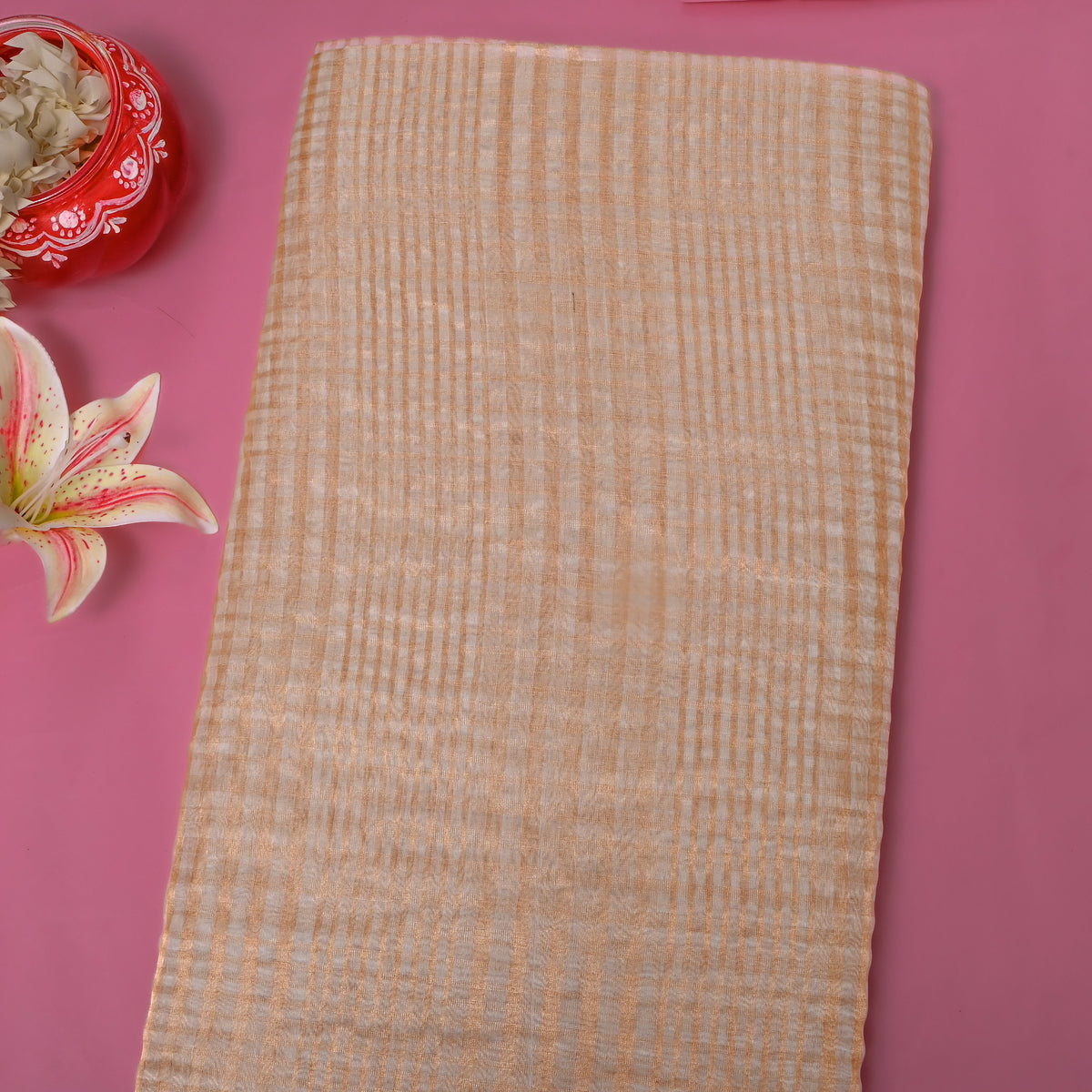 Soft Peach Organza With Gold Zari Stripes And Woven Border