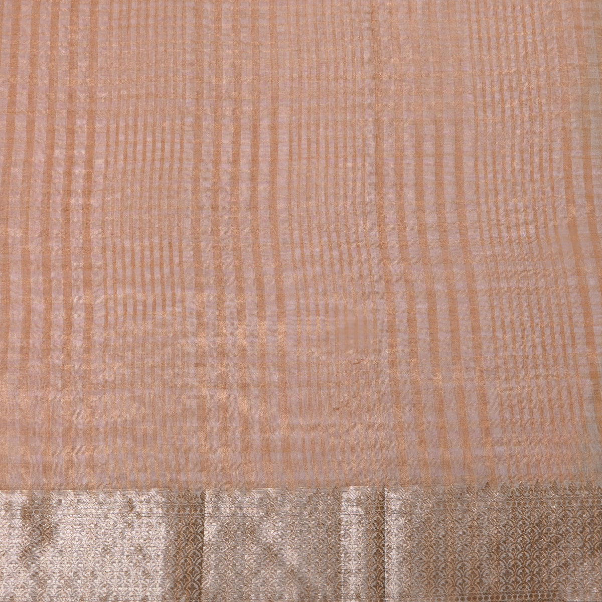Soft Peach Organza With Gold Zari Stripes And Woven Border