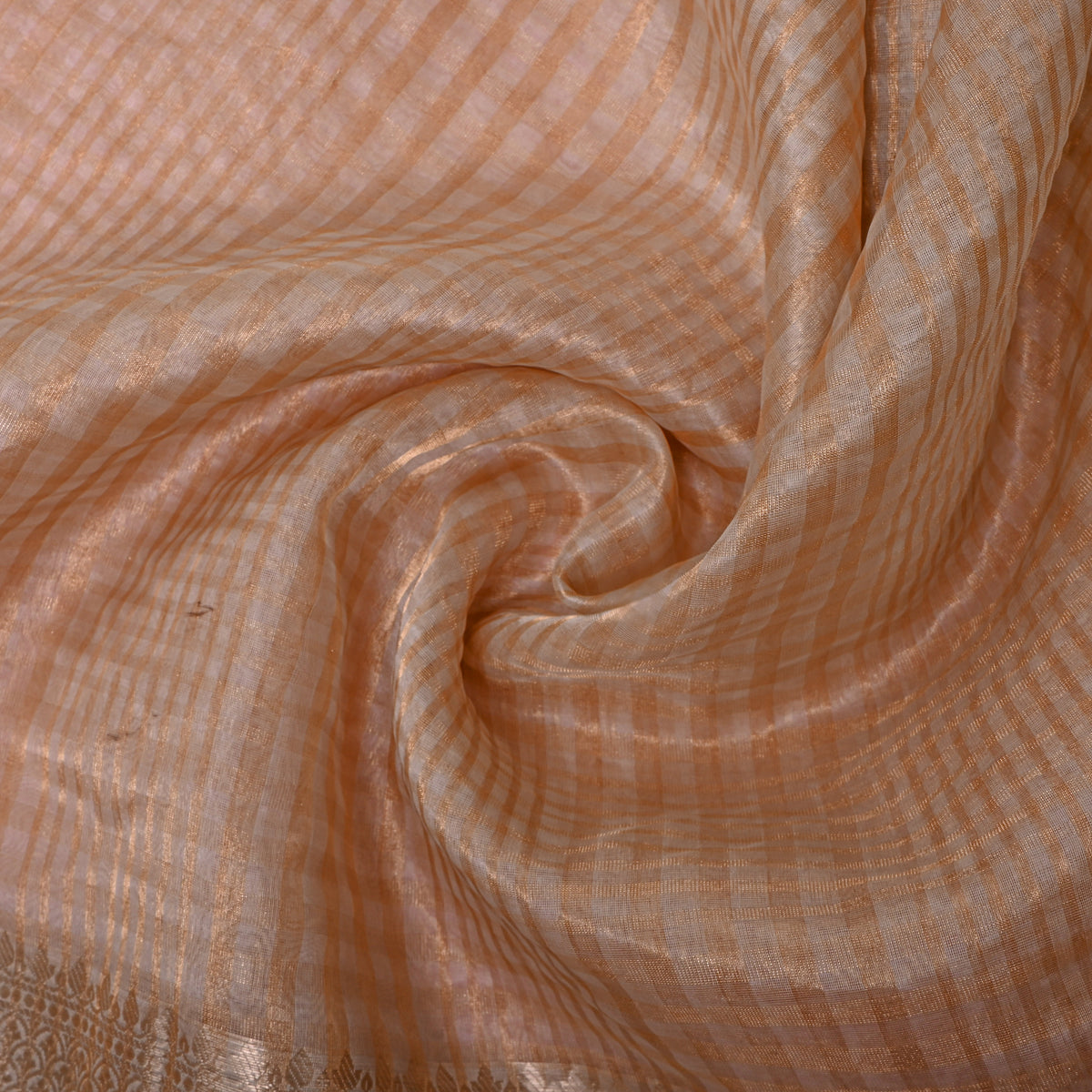 Soft Peach Organza With Gold Zari Stripes And Woven Border