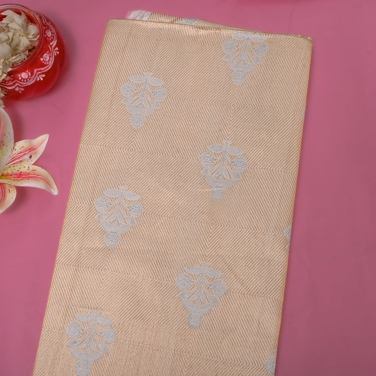 Sandal Gold Dual Tone Zari Butti Jamawar Silk Fabric