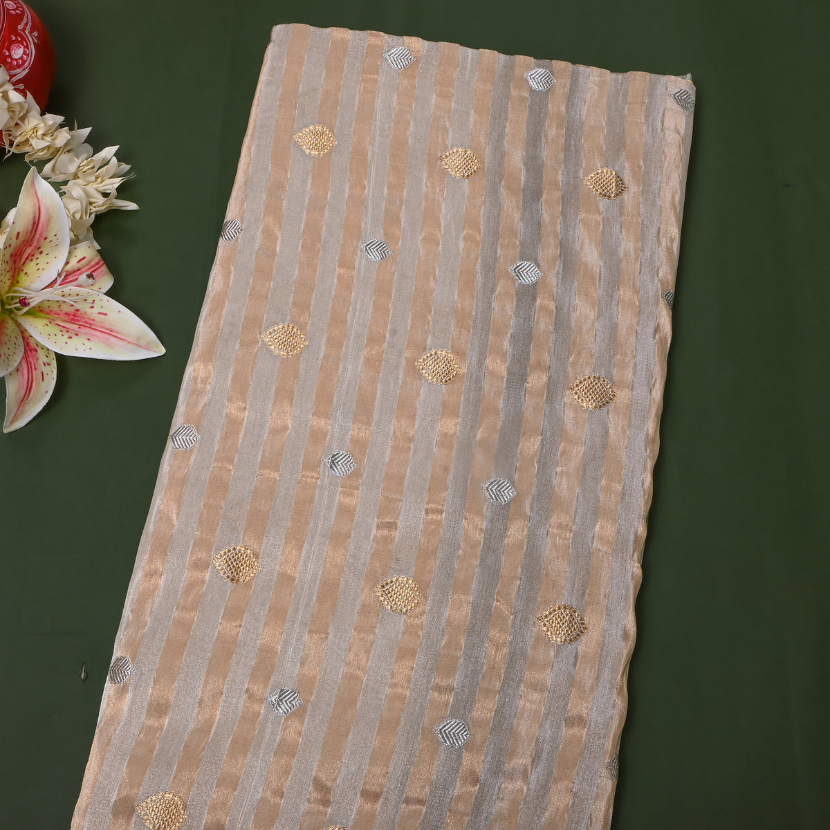 Moonstone Dual Tone Zari Striped Butti Self Weave Jamawar Tissue Fabric