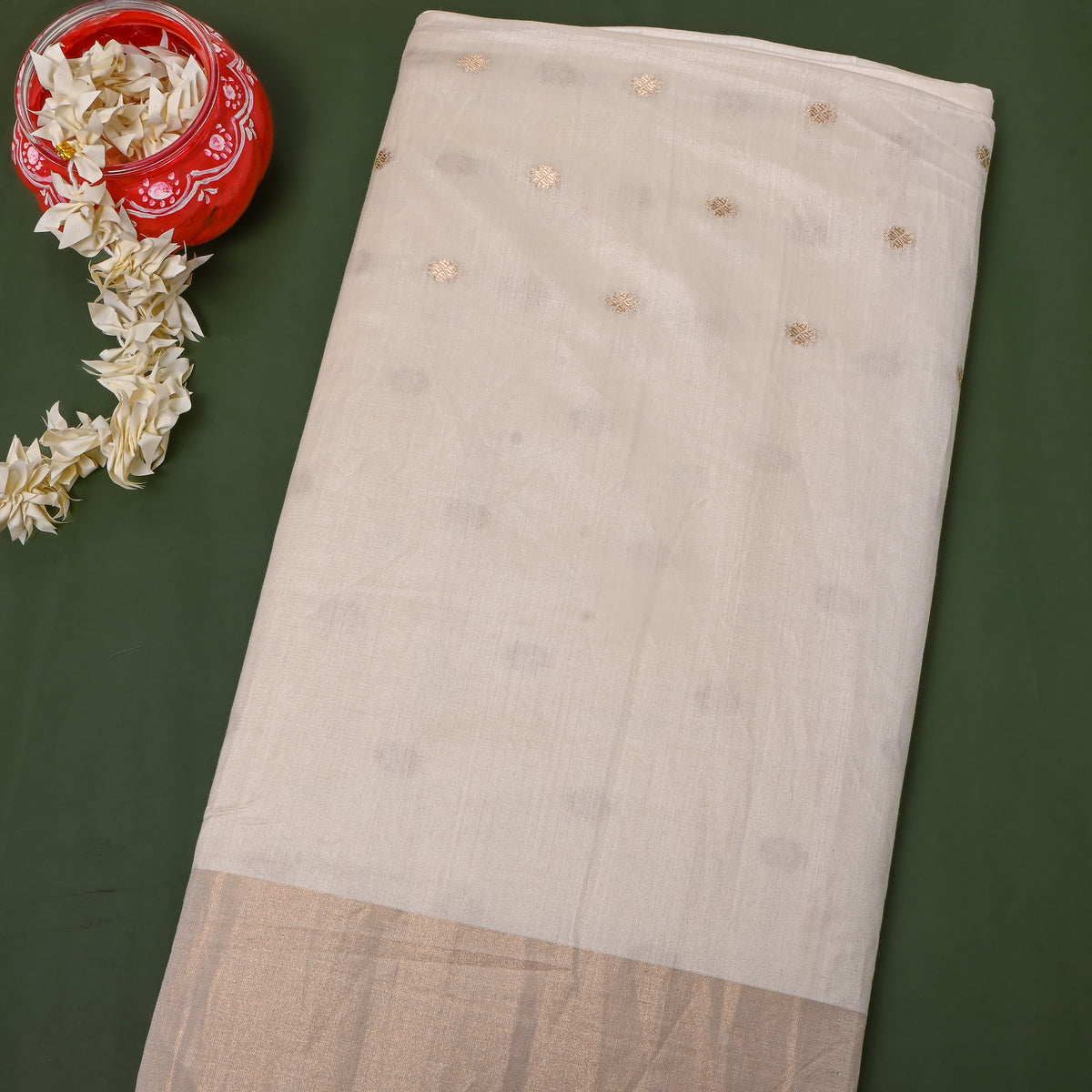 Cream Jamawar Silk With Gold Butti And Broad Border
