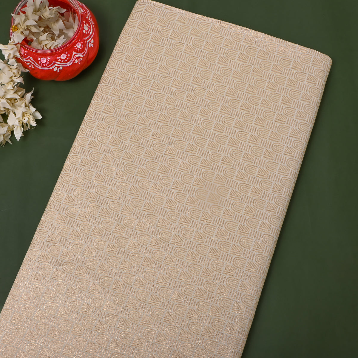 Almond Cream Gold Zari Arch Geometric Jamawar Silk Fabric