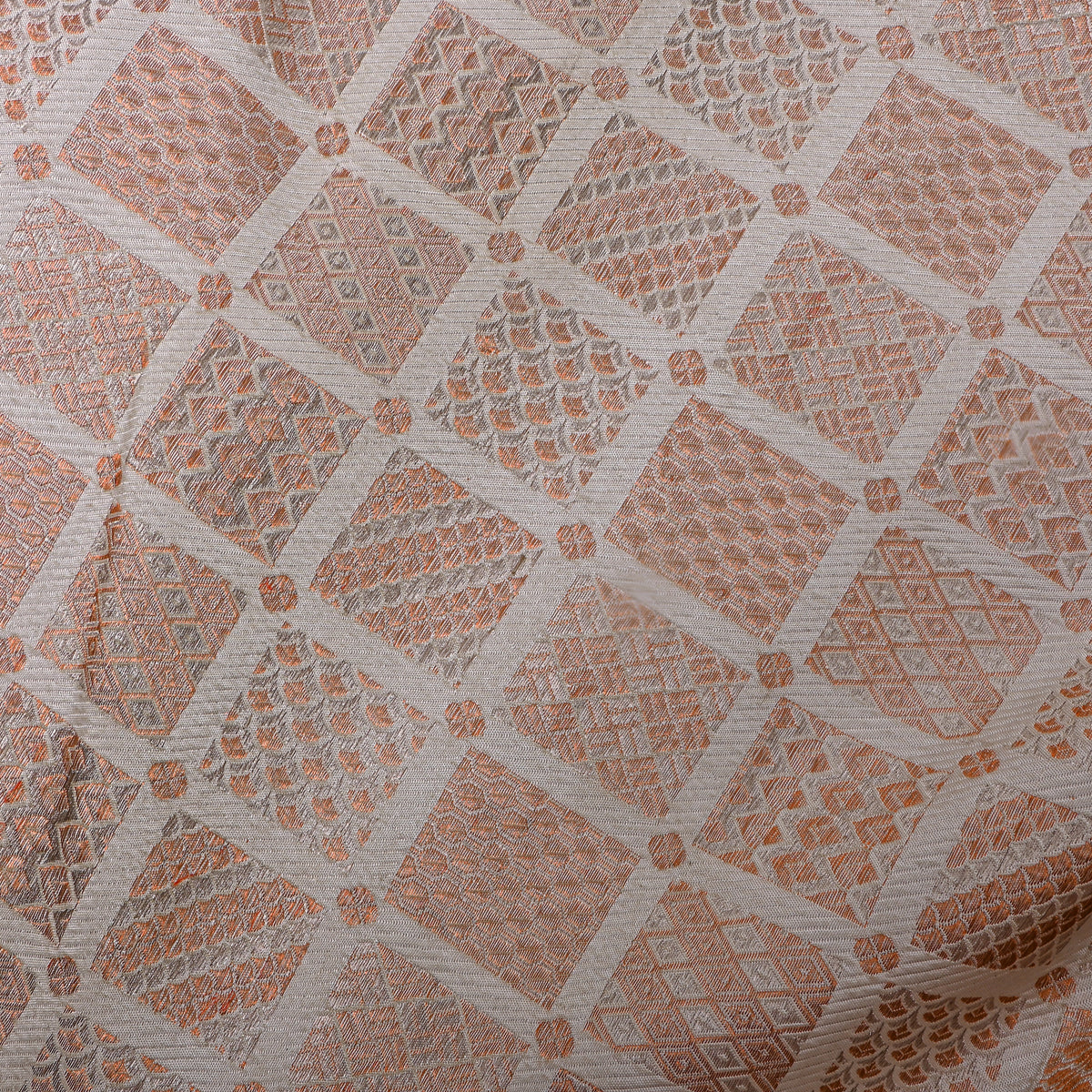 Golden White Checked Geometric Jamawar Silk Fabric