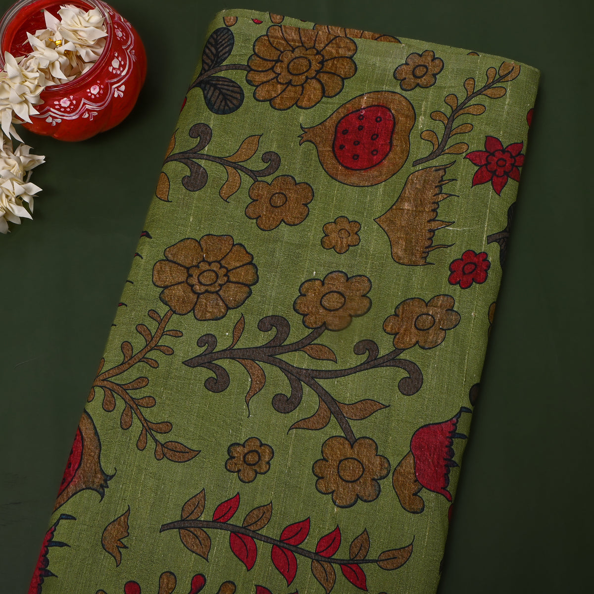 Fern Green Pomegranate Floral Digital Print Raw Silk Fabric