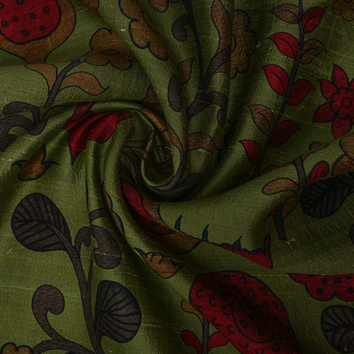 Fern Green Pomegranate Floral Digital Print Raw Silk Fabric