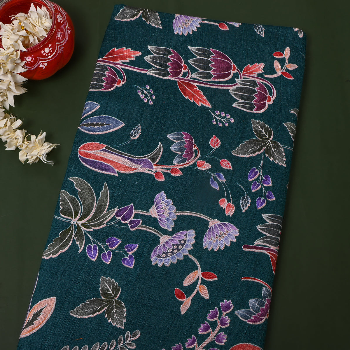 Parrot Green Floral Digital Print Raw Silk Fabric